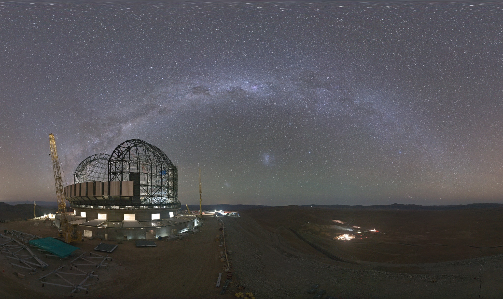 The southern winter Milky Way sprawls across this night skyscape. Looking due south, the webcam view was recorded near local midnight on March 11 in dry, dark skies over the central Chilean Atacama desert. Seen below the graceful arc of diffuse starlight are satellite galaxies of the mighty Milky Way, also known as the Large and Small Magellanic clouds. In the foreground is the site of the European Southern Observatory's 40-metre-class Extremely Large Telescope (ELT). Under construction at the 3000 metre summit of Cerro Armazones, the ELT is on track to become planet Earth's biggest Eye on the Sky.