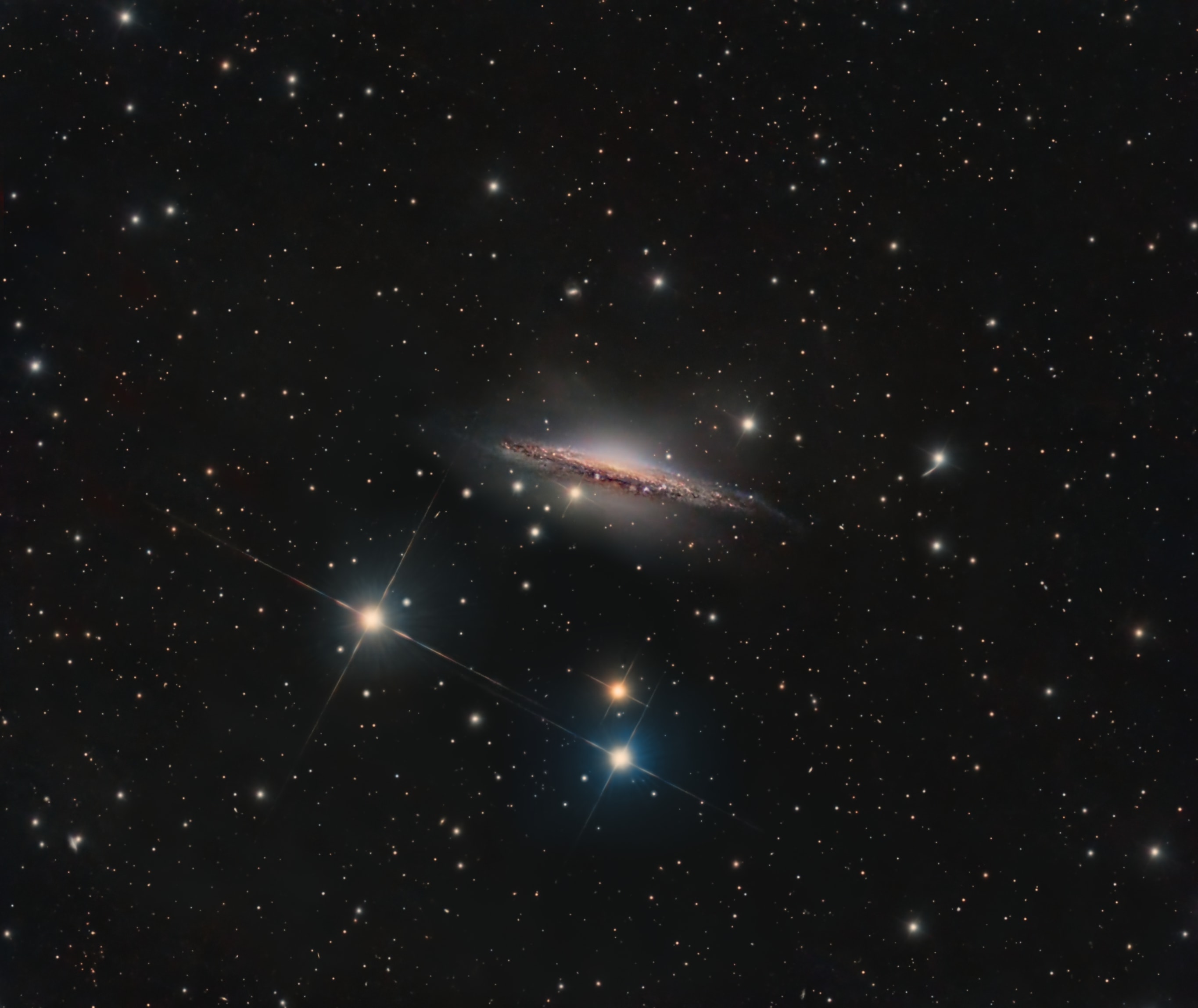 Big, beautiful spiral galaxy NGC 1055 is a dominant member of a small galaxy group a mere 60 million light-years away toward the aquatically intimidating constellation Cetus. Seen edge-on, the island universe spans over 100,000 light-years, a little larger than our own Milky Way galaxy. The colorful, spiky stars decorating this cosmic portrait of NGC 1055 are in the foreground, well within the Milky Way. But the telltale pinkish star forming regions are scattered through winding dust lanes along the distant galaxy's thin disk. With a smattering of even more distant background galaxies, the deep image also reveals a boxy halo that extends far above and below the central bulge and disk of NGC 1055. The halo itself is laced with faint, narrow structures, and could represent the mixed and spread out debris from a satellite galaxy disrupted by the larger spiral some 10 billion years ago.