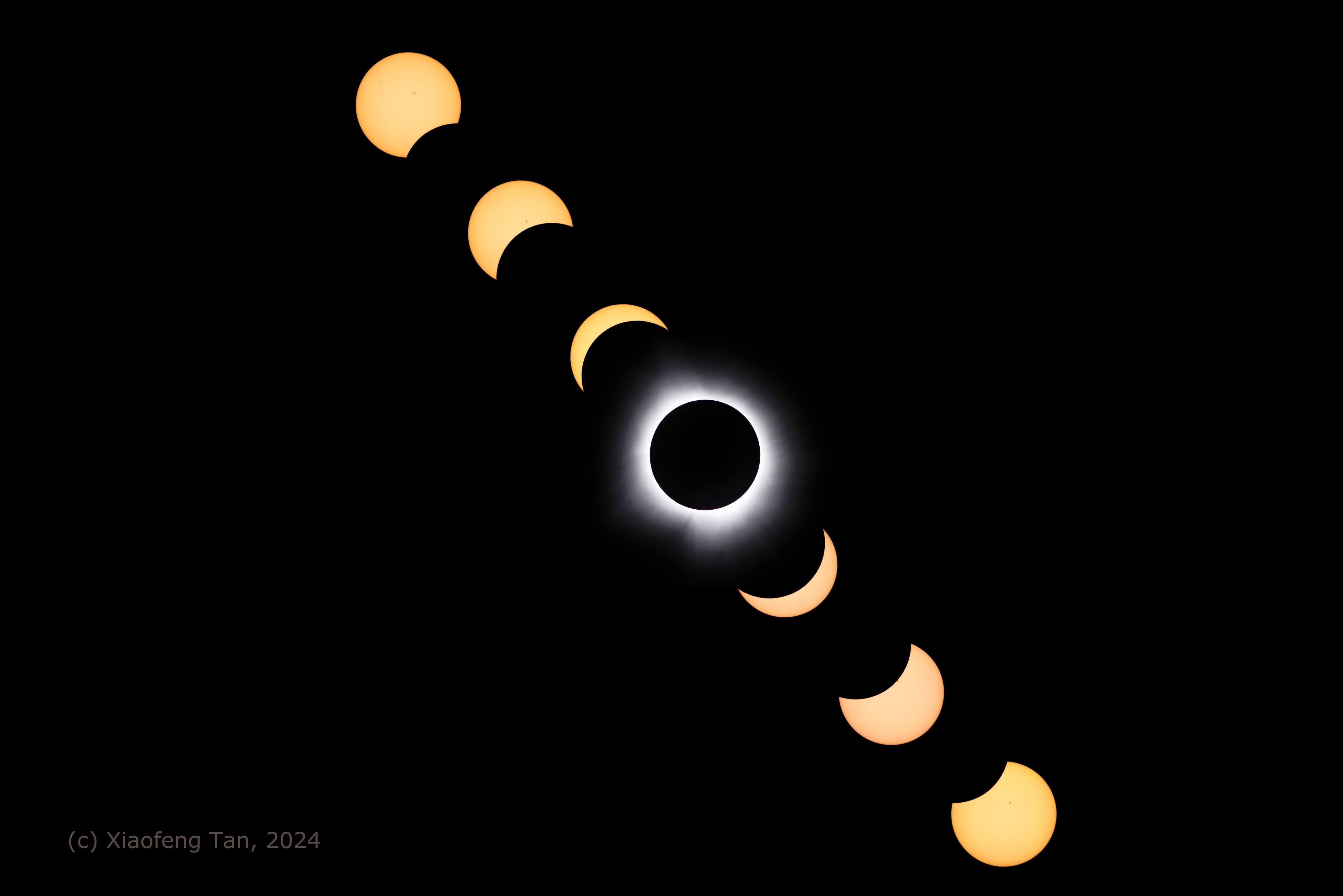 Start at the upper left above and you can follow the progress of April 8's total eclipse of the Sun in seven sharp, separate exposures. The image sequence was recorded with a telescope and camera located within the narrow path of totality as the Moon's shadow swept across Newport, Vermont, USA. At center is a spectacular view of the solar corona. The tenuous outer atmosphere of the Sun is only easily visible to the eye in clear dark skies during the total eclipse phase. Seen from Newport, the total phase for this solar eclipse lasted about 3 minutes and 26 seconds.   Monday's Eclipse Imagery: Notable Submissions to APOD