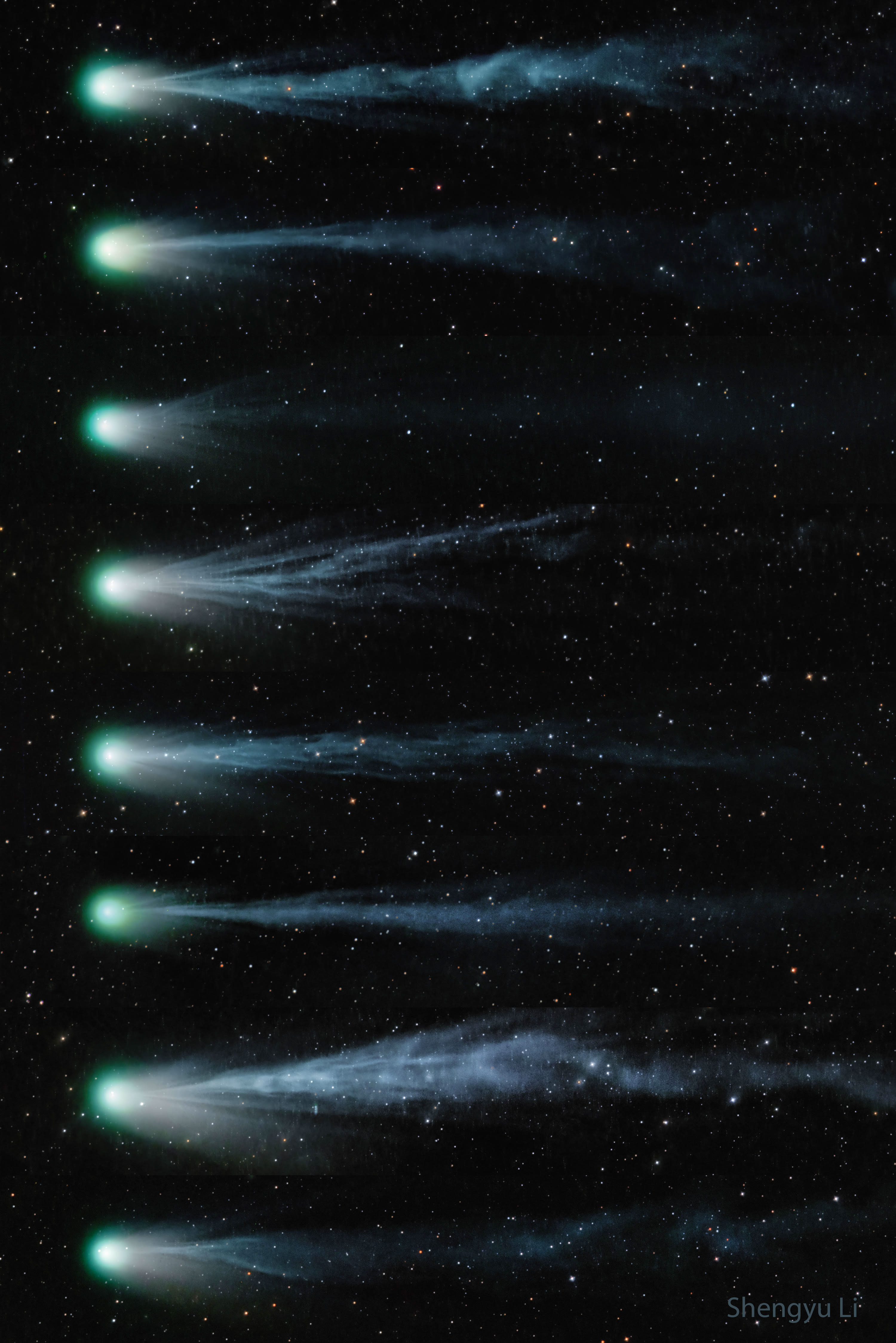 How does a comet tail change? It depends on the comet.  The ion tail of Comet 12P/Pons–Brooks has been changing markedly, as detailed in the featured image sequenced over nine days from March 6 to 14 (top to bottom).  On some days, the comet's ion tail was relatively long and complex, but not every day.  Reasons for tail changes include the rate of ejection of material from the comet's nucleus, the strength and complexity of the passing solar wind, and the rotation rate of the comet.  Over the course of a week, apparent changes even include a change of perspective from the Earth. In general, a comet's ion tail will point away from the Sun, as gas expelled is pushed out by the Sun's wind. Today, Pons-Brooks may become a rare comet suddenly visible in the middle of the day for those able to see the Sun totally eclipsed by the Moon.   NASA Coverage: Today's Total Solar Eclipse  Total Eclipse Imagery: Notable Submissions to APOD