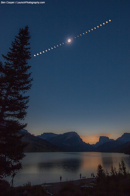 Will the sky be clear enough to see the eclipse? This question is already on the minds of many North Americans hoping to see tomorrow's solar eclipse.  This question was also on the mind of many people attempting to see the total solar eclipse that crossed North America in August 2017.  Then, the path of total darkness shot across the mainland of the USA from coast to coast, from Oregon to South Carolina -- but, like tomorrow's event, a partial eclipse occurred above most of North America.  Unfortunately, in 2017, many locations saw predominantly clouds. One location that did not was a bank of the Green River Lakes, Wyoming.  Intermittent clouds were far enough away to allow the center image of the featured composite sequence to be taken, an image that shows the corona of the Sun extending out past the central dark Moon that blocks our familiar Sun. The surrounding images show the partial phases of the solar eclipse both before and after totality.   NASA Coverage: Tomorrow's Total Solar Eclipse