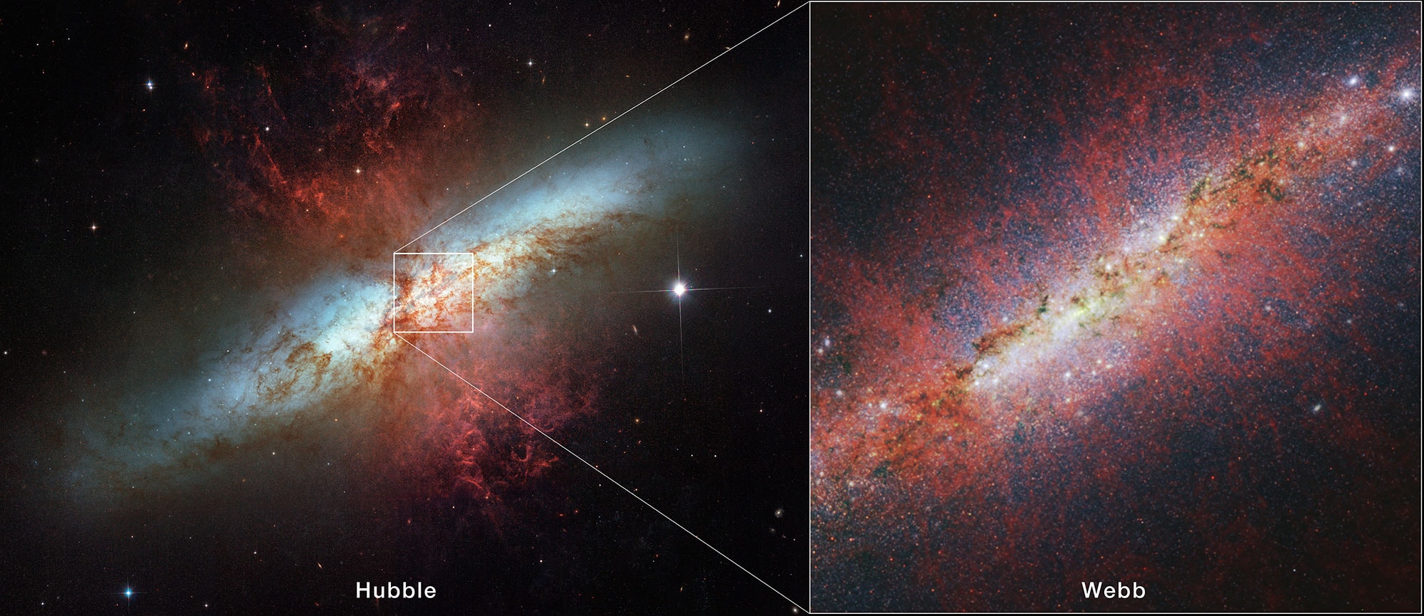 Something strange happened to this galaxy, but what? Known as the Cigar Galaxy and cataloged as M82, red glowing gas and dust are being cast out from the center.  Although this starburst galaxy was surely stirred up by a recent pass near its neighbor, large spiral galaxy M81, this doesn't fully explain the source of the red-glowing outwardly expanding gas and dust.  Evidence indicates that this material is being driven out by the combined emerging particle winds of many stars, together creating a galactic superwind. In the featured images, a Hubble Space Telescope image in visible light is shown on the left, while a James Webb Space Telescope image of the central region in infrared light is shown on the right.  Detailed inspection of the new Webb image shows, unexpectedly, that this red-glowing dust is associated with hot plasma. Research into the nature of this strange nearby galaxy will surely continue.    Total Eclipse Imagery: Notable Submissions to APOD