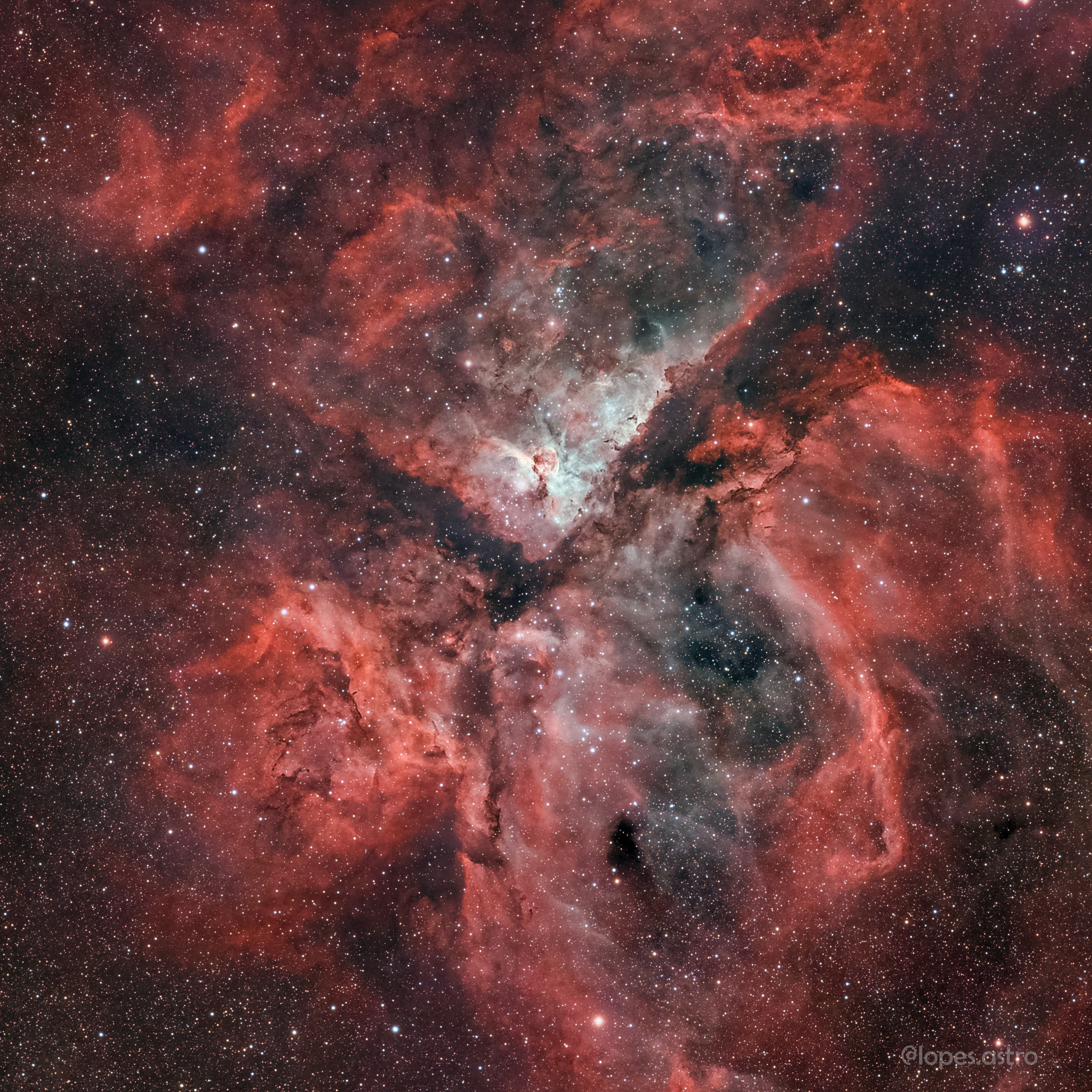 A jewel of the southern sky, the Great Carina Nebula is more modestly known as NGC 3372. One of our Galaxy's largest star forming regions, it spans over 300 light-years. Like the smaller, more northerly Great Orion Nebula, the Carina Nebula is easily visible to the unaided eye. But at a distance of 7,500 light-years it lies some 5 times farther away. This stunning telescopic view reveals remarkable details of the region's glowing filaments of interstellar gas and obscuring cosmic dust clouds. The Carina Nebula is home to young, extremely massive stars, including the still enigmatic variable Eta Carinae, a star with well over 100 times the mass of the Sun.  Eta Carinae is the bright star above the central dark notch in this field and left of the dusty Keyhole Nebula (NGC 3324).