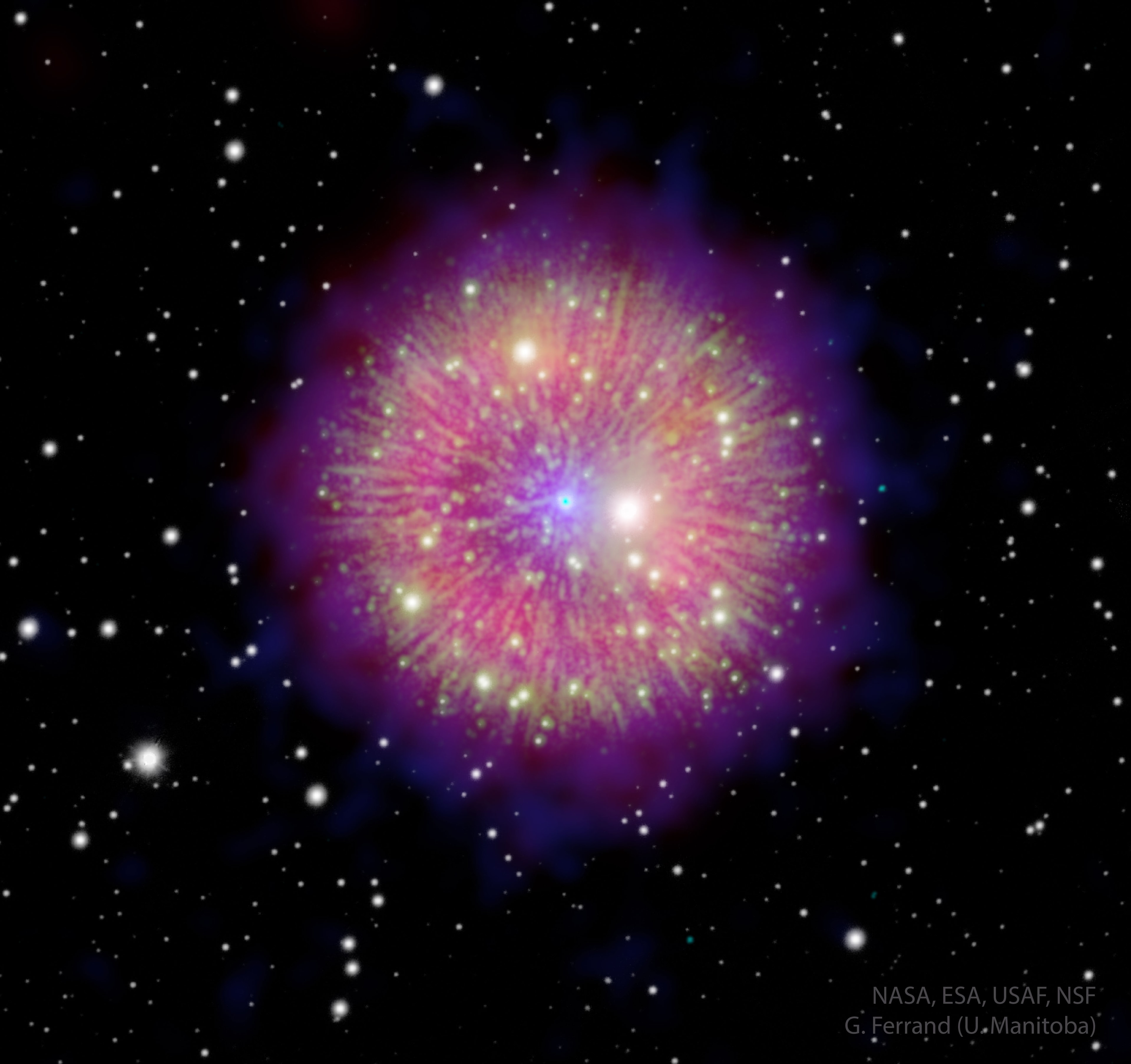 What created this unusual celestial firework? The nebula, dubbed Pa 30, appears in the same sky direction now as a bright "guest star" did in the year 1181. Although Pa 30's filaments look similar to that created by a nova (for example GK Per), and a planetary nebula (for example NGC 6751), some astronomers now propose that it was created by a rare type of supernova: a thermonuclear Type Iax, and so is (also) named SN 1181.  In this model, the supernova was not the result of the detonation of a single star, but rather a blast that occurred when two white dwarf stars spiraled together and merged.  The blue dot in the center is hypothesized to be a zombie star, the remnant white dwarf that somehow survived this supernova-level explosion.  The featured image combines images and data obtained with infrared (WISE), visible  (MDM, Pan-STARRS), and X-ray (Chandra, XMM) telescopes.  Future observations and analyses may tell us more.   NASA Coverage: Total Solar Eclipse of 2024 April 8