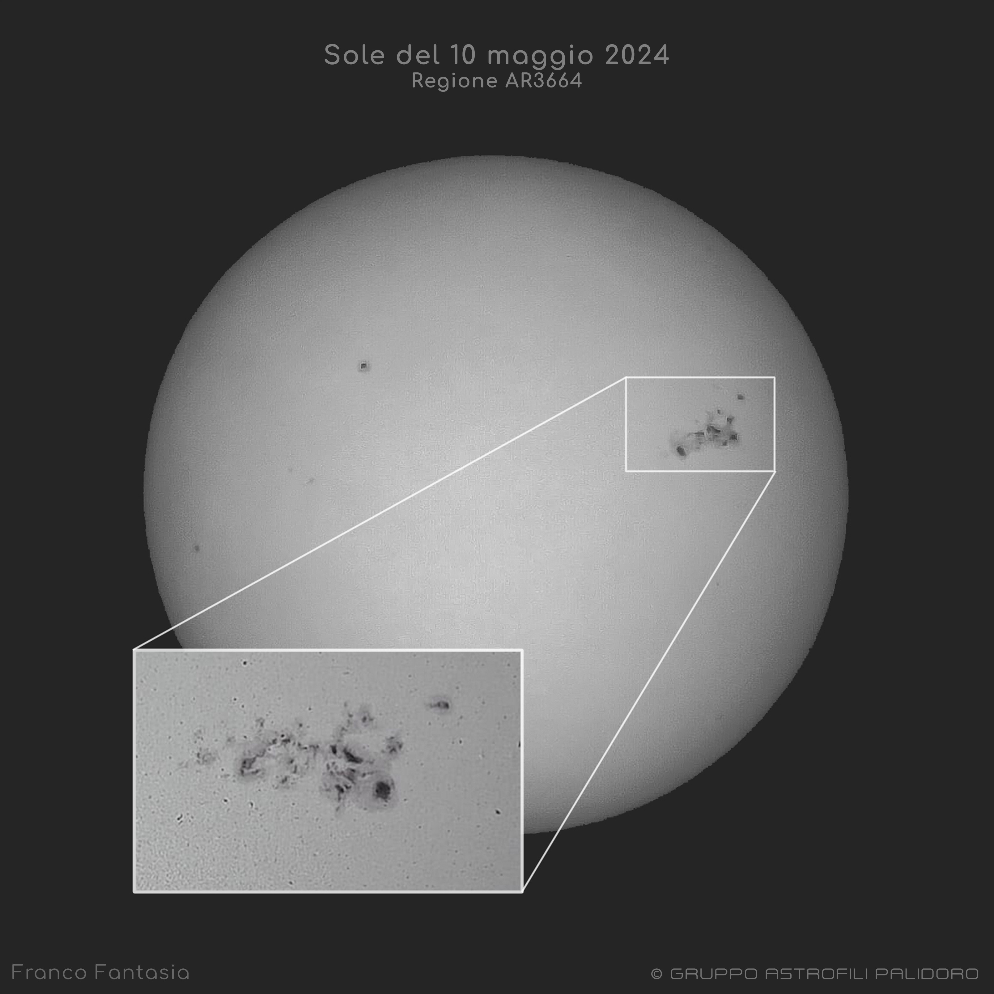 Right now, one of the largest sunspot groups in recent history is crossing the Sun. Active Region 3664 is not only big -- it's violent, throwing off clouds of particles into the Solar System. Some of these CMEs are already impacting the Earth, and others might follow.  At the extreme, these solar storms could cause some Earth-orbiting satellites to malfunction, the Earth's atmosphere to slightly distort, and electrical power grids to surge. When impacting Earth's upper atmosphere, these particles can produce beautiful auroras, with some auroras already being reported unusually far south.  Pictured here, AR3664 and its dark sunspots were captured yesterday in visible light from Rome, Italy. The AR3664 sunspot group is so large that it is visible just with glasses designed to view last month's total solar eclipse.  This weekend, skygazing enthusiasts will be keenly watching the night skies all over the globe for bright and unusual auroras.   Gallery: Active Region 3664 on the Sun and Associated Aurora