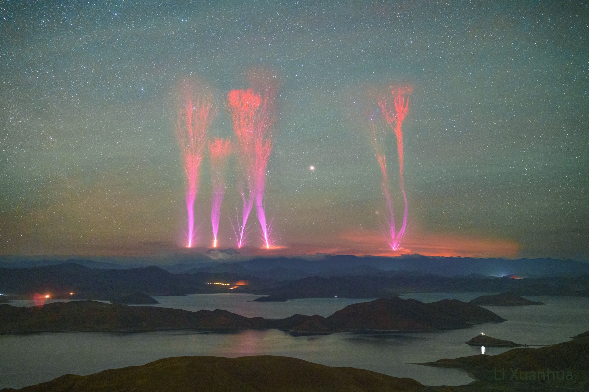 Yes, but can your thunderstorm do this? Pictured here are gigantic jets shooting up from a thunderstorm last week toward the Himalayan Mountains in China and Bhutan. The composite image captured four long jets that occurred only minutes apart. Gigantic jets, documented only in this century, are a type of lightning discharge that occurs between some thunderstorms and the Earth's ionosphere high above them.  They are an unusual type of lightning that is much different from regular cloud-to-cloud and cloud-to-ground lightning. The bottoms of gigantic jets appear similar to a  cloud-to-above strike called blue jets, while the tops appear similar to upper-atmosphere red sprites. Although the mechanism and trigger that cause gigantic jets remains a topic of research, it is clear that the jets reduce charge imbalance between different parts of Earth's atmosphere.  A good way to look for gigantic jets is to watch a powerful but distant thunderstorm from a clear location.