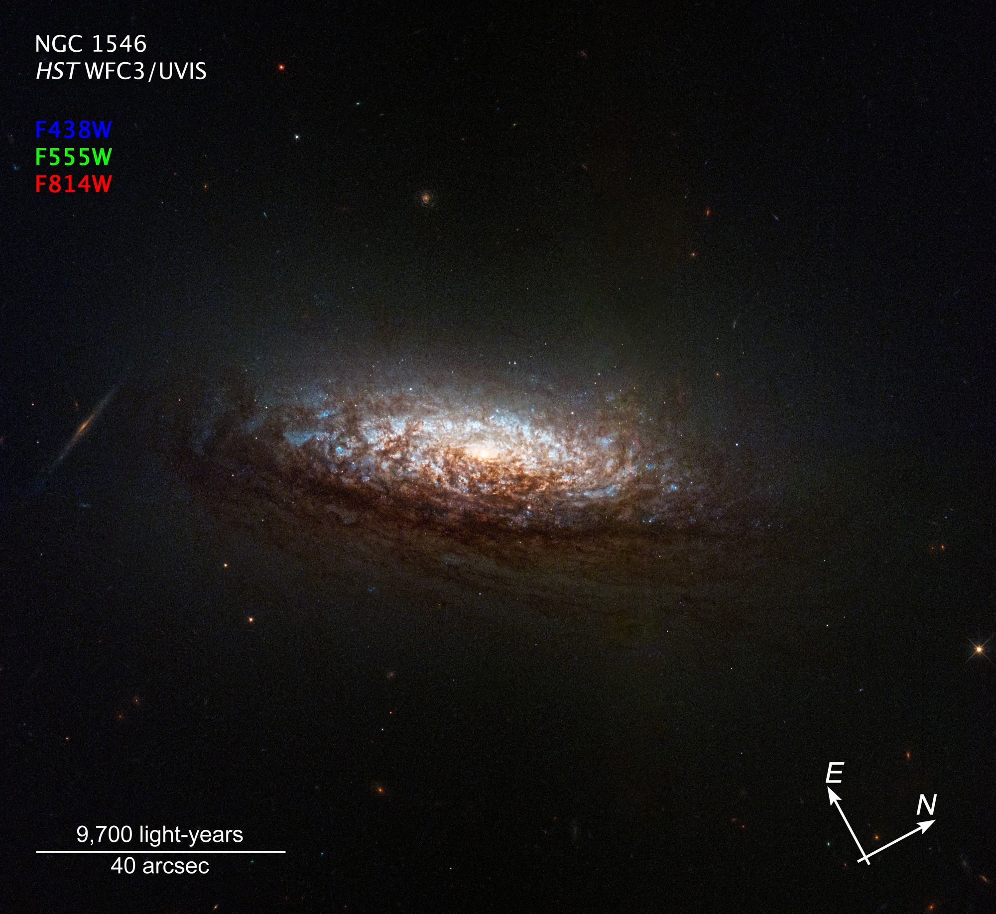 Returning to science operations on June 14, the Hubble Space Telescope used its new pointing mode to capture this sharp image of spiral galaxy NGC 1546. A member of the Dorado galaxy group, the island universe lies a mere 50 million light-years away. The galactic disk of NGC 1546 is tilted to our line-of-sight, with the yellowish light of the old stars and bluish regions of newly formed stars shining through the galaxy's dust lanes. More distant background galaxies are scattered throughout this Hubble view. Launched in 1990, Hubble has been exploring the cosmos for more than three decades, recently celebrating its 34th anniversary.