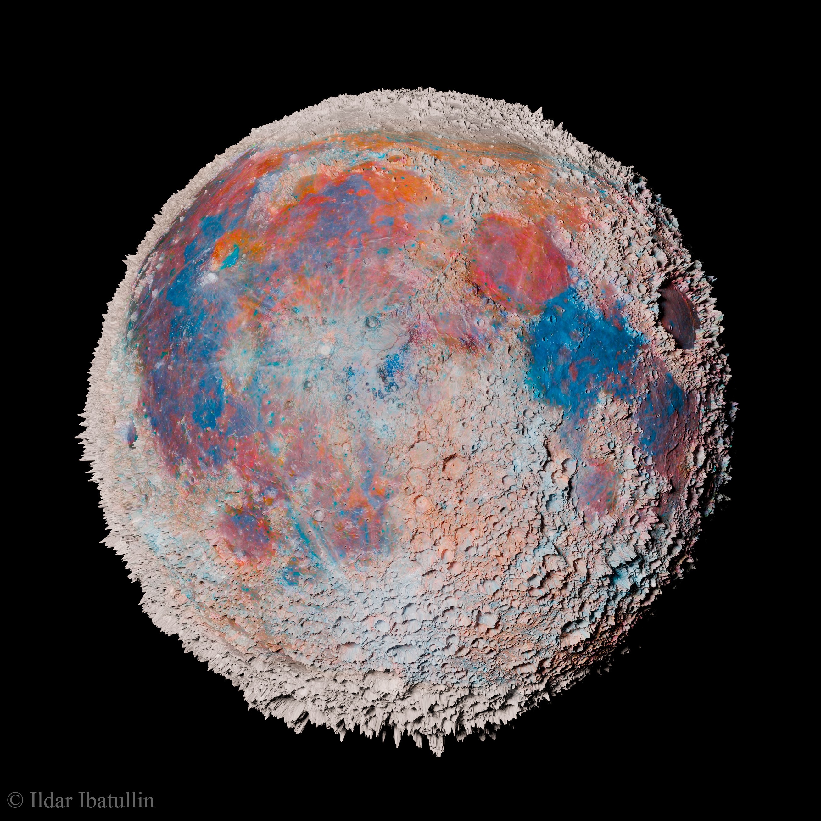 Our Moon doesn't really have craters this big.  Earth's Moon, Luna, also doesn't naturally show this spikey texture, and its colors are more subtle. But this digital creation is based on reality.  The featured image is a digital composite of a good Moon image and surface height data taken from NASA's Lunar Orbiter Laser Altimeter (LOLA) mission -- and then exaggerated for educational understanding.  The digital enhancements, for example, accentuate lunar highlands and show more clearly craters that illustrate the tremendous bombardment our Moon has been through during its 4.6-billion-year history.  The dark areas, called maria, have fewer craters and were once seas of molten lava. Additionally, the image colors, although based on the moon's real composition, are changed and exaggerated.  Here, a blue hue indicates a region that is iron rich, while orange indicates a slight excess of aluminum.  Although the Moon has shown the same side to the Earth for billions of years, modern technology is allowing humanity to learn much more about it -- and how it affects the Earth.