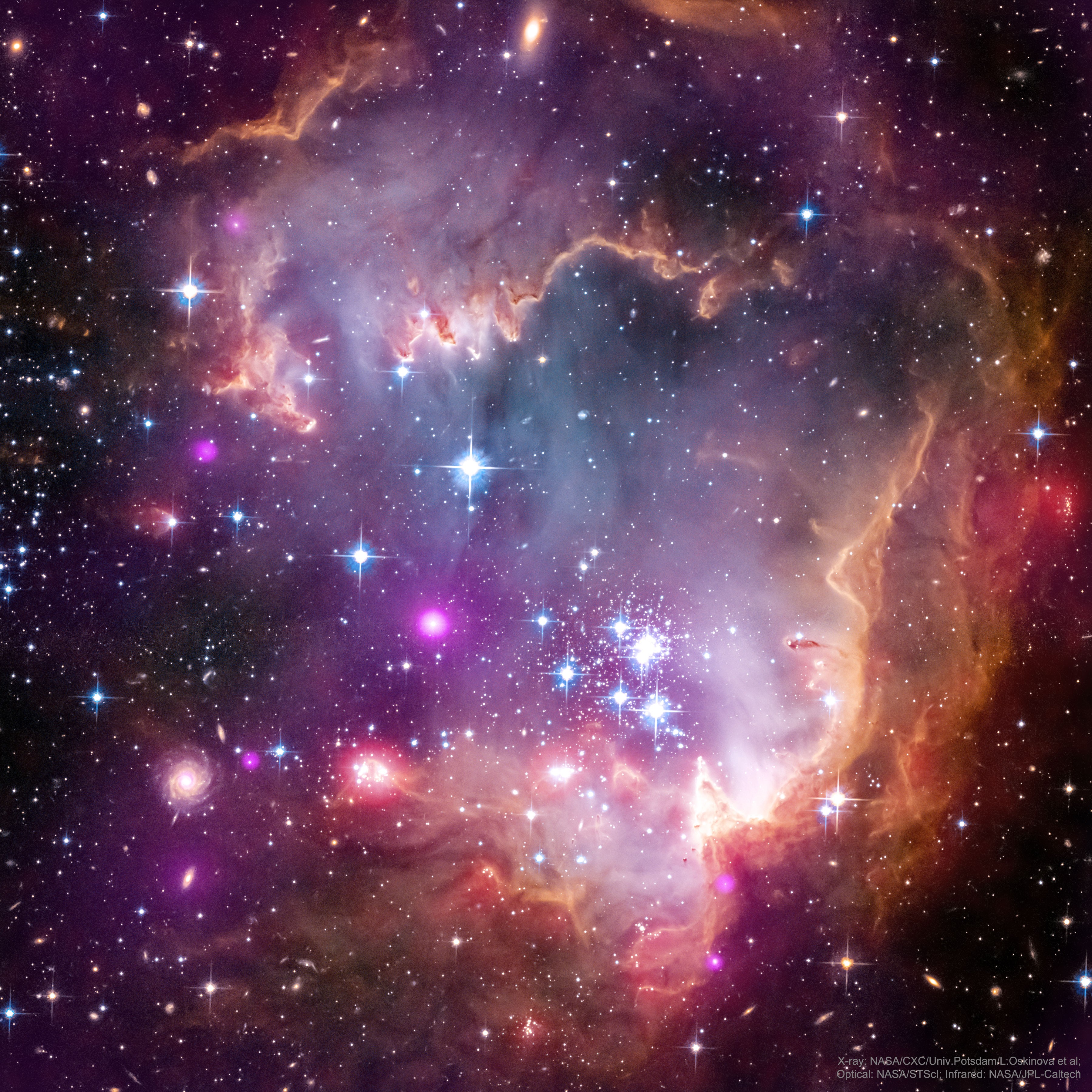 The clouds may look like an oyster, and the stars like pearls, but look beyond. Near the outskirts of the Small Magellanic Cloud, a satellite galaxy some 200 thousand light-years distant, lies this 5 million year old star cluster NGC 602. Surrounded by its birth shell of gas and dust, star cluster NGC 602 is featured in this stunning Hubble image, augmented in a rollover by images in the X-ray by the Chandra Observatory and in the infrared by Spitzer Telescope. Fantastic ridges and swept back gas strongly suggest that energetic radiation and shock waves from NGC 602's massive young stars have eroded the dusty material and triggered a progression of star formation moving away from the star cluster's center. At the estimated distance of the Small Magellanic Cloud, the featured picture spans about 200 light-years, but a tantalizing assortment of background galaxies are also visible in this sharp view. The background galaxies are hundreds of millions of light-years -- or more -- beyond NGC 602.