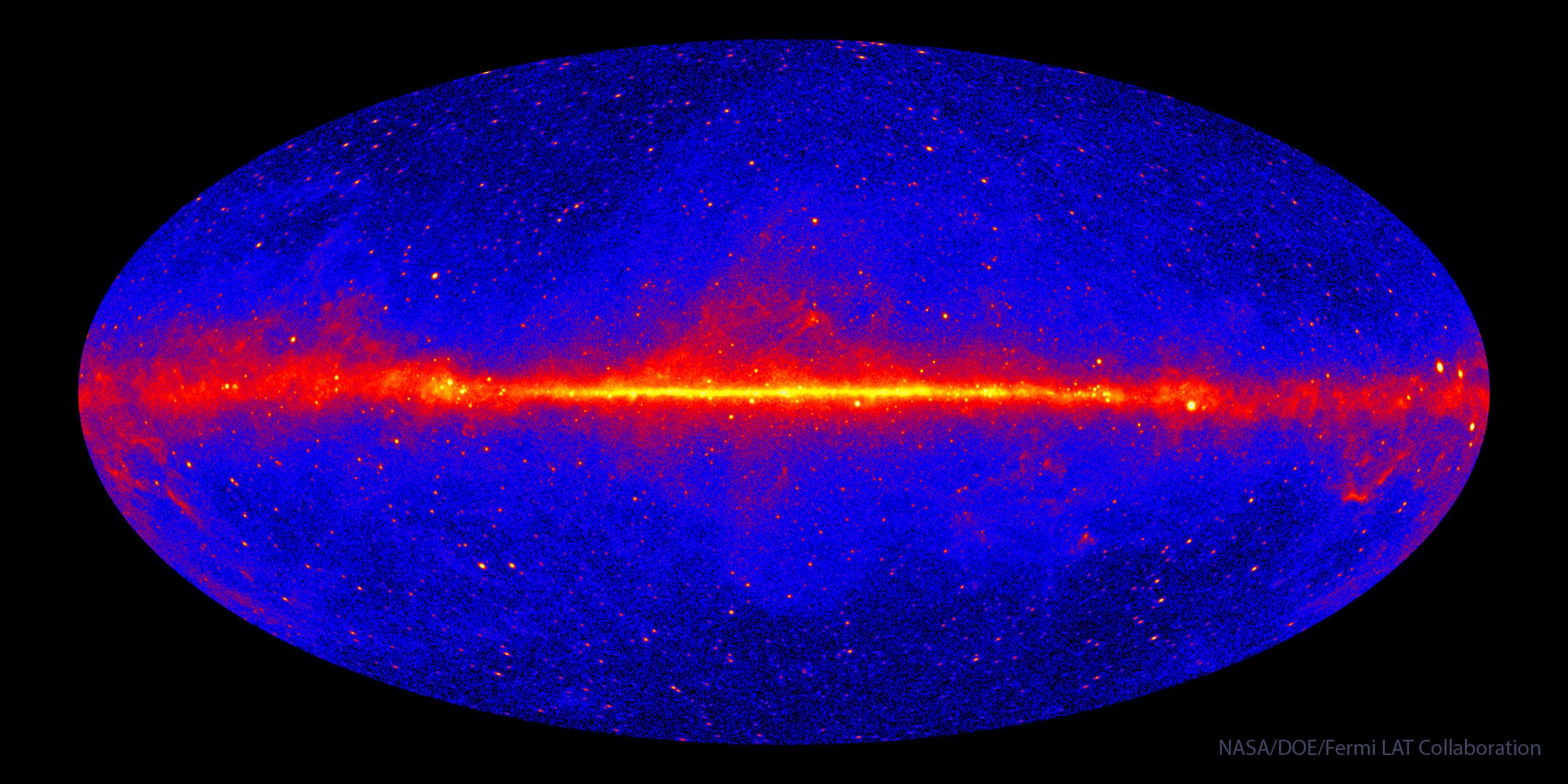 Forget X-ray vision — imagine what you could see with gamma-ray vision!  The featured all-sky map shows what the universe looks like to NASA's Fermi Gamma-ray Space Telescope.  Fermi sees light with energies about a billion times what the human eye can see, and the map combines 12 years of Fermi observations.  The colors represent the brightness of the gamma-ray sources, with brighter sources appearing lighter in color.  The prominent stripe across the middle is the central plane of our Milky Way galaxy.  Most of the red and yellow dots scattered above and below the Milky Way’s plane are very distant galaxies, while most of those within the plane are nearby pulsars.  The blue background that fills the image is the diffuse glow of gamma-rays from distant sources that are too dim to be detected individually.  Some gamma-ray sources remain unidentified and topics of research — currently no one knows what they are.