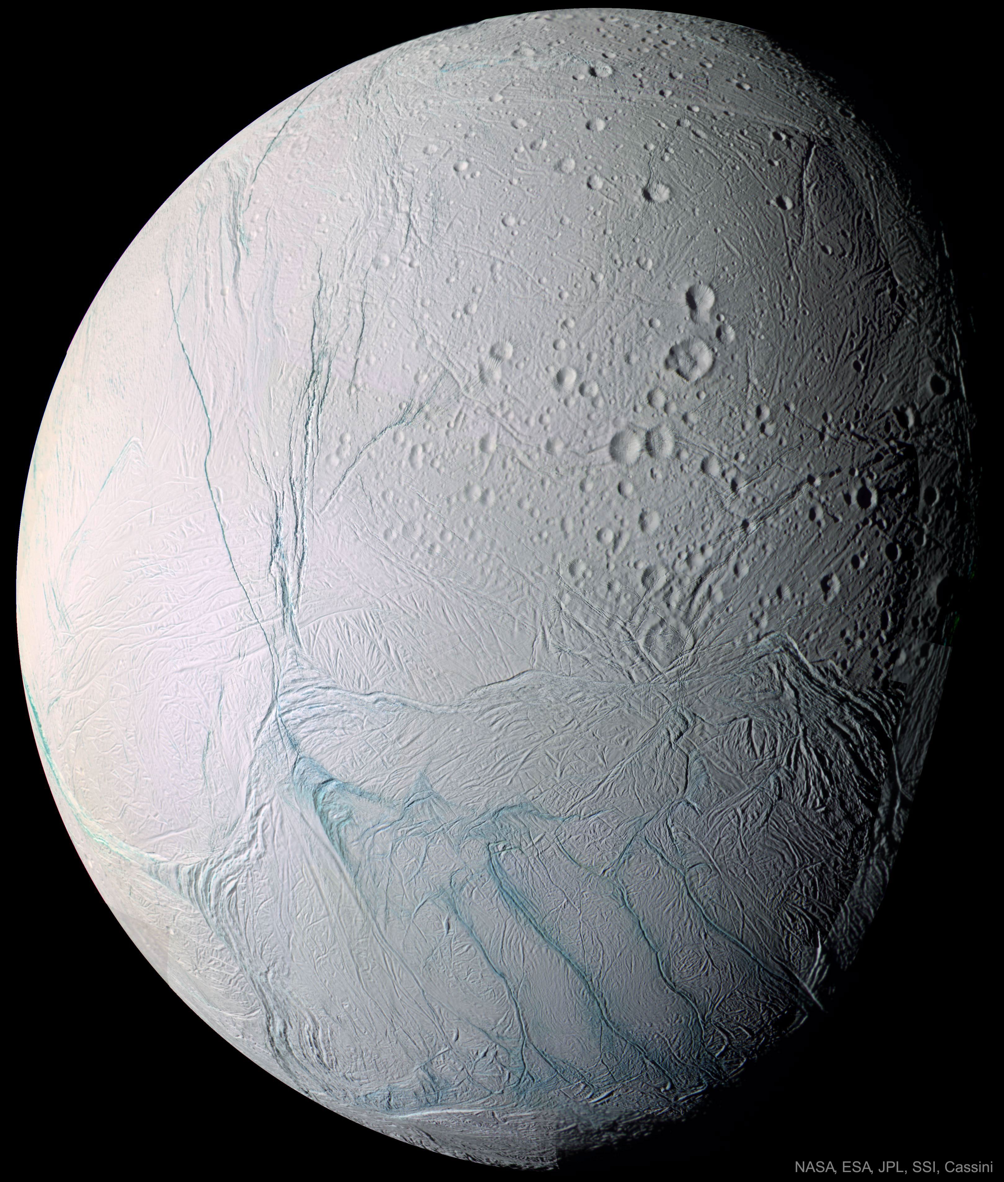 Do underground oceans vent through canyons on Saturn's moon Enceladus?  Long features dubbed tiger stripes are known to be spewing ice from the moon's icy interior into space, creating a cloud of fine ice particles over the moon's South Pole and creating Saturn's mysterious E-ring.  Evidence for this has come from the robot Cassini spacecraft that orbited Saturn from 2004 to 2017.  Pictured here, a high resolution image of Enceladus is shown from a close flyby.  The unusual surface features dubbed tiger stripes are visible in false-color blue.  Why Enceladus is active remains a mystery, as the neighboring moon Mimas, approximately the same size, appears quite dead. An analysis of ejected ice grains has yielded evidence that complex organic molecules exist inside Enceladus. These large carbon-rich molecules bolster -- but do not prove -- that oceans under Enceladus' surface could contain life.   Explore Your Universe: Random APOD Generator