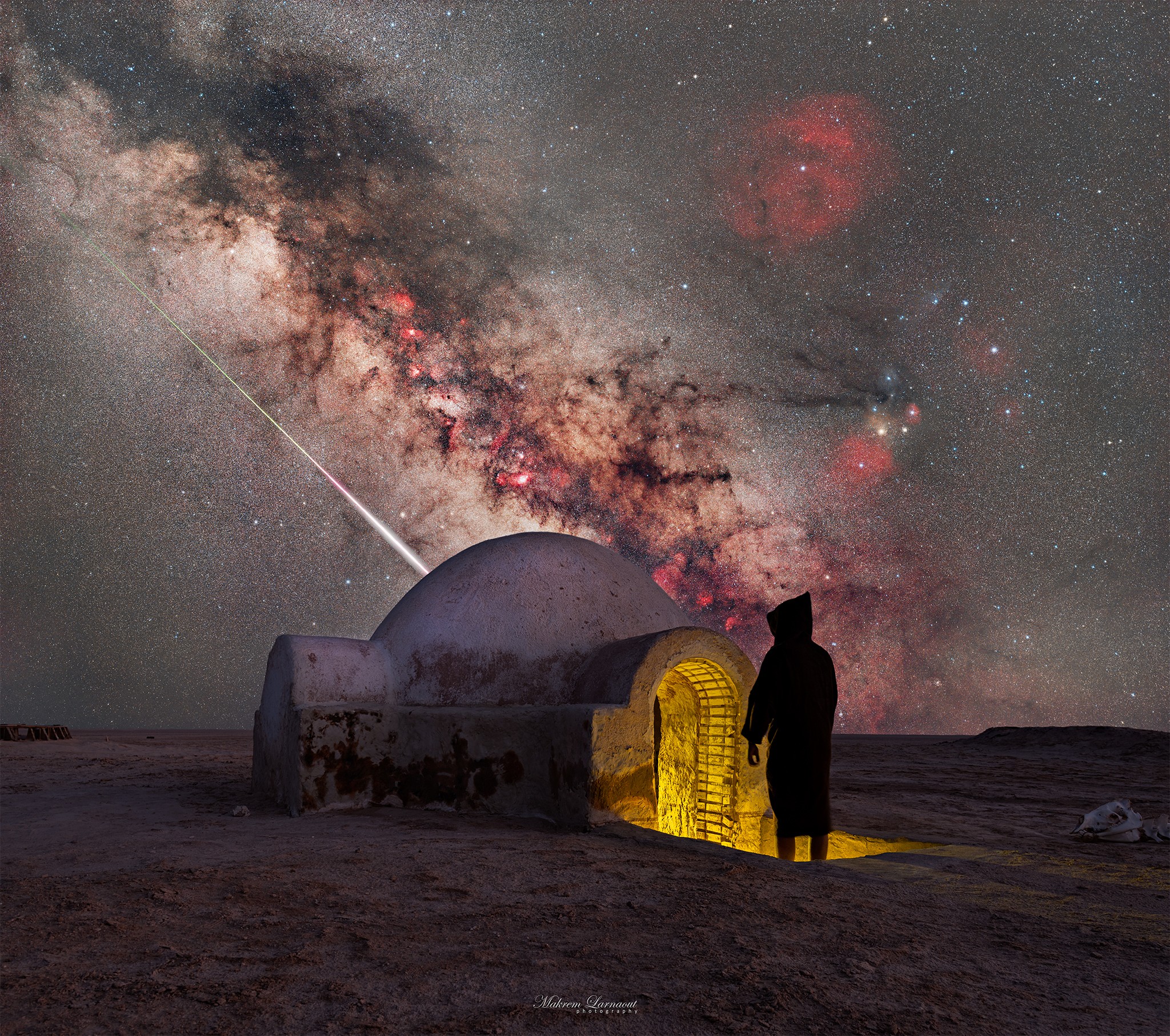 That's no moon. On the ground, that's the Lars Homestead in Tunisia. And that's not just any galaxy. That's the central band of our own Milky Way galaxy. Last, that's not just any meteor. It is a bright fireball likely from last year's Perseids meteor shower. The featured image composite combines consecutive exposures taken by the same camera from the same location.  This year's Perseids peak during the coming weekend is expected to show the most meteors after the first quarter moon sets, near midnight.  To best experience a meteor shower, you should have clear and dark skies, a comfortable seat, and patience.