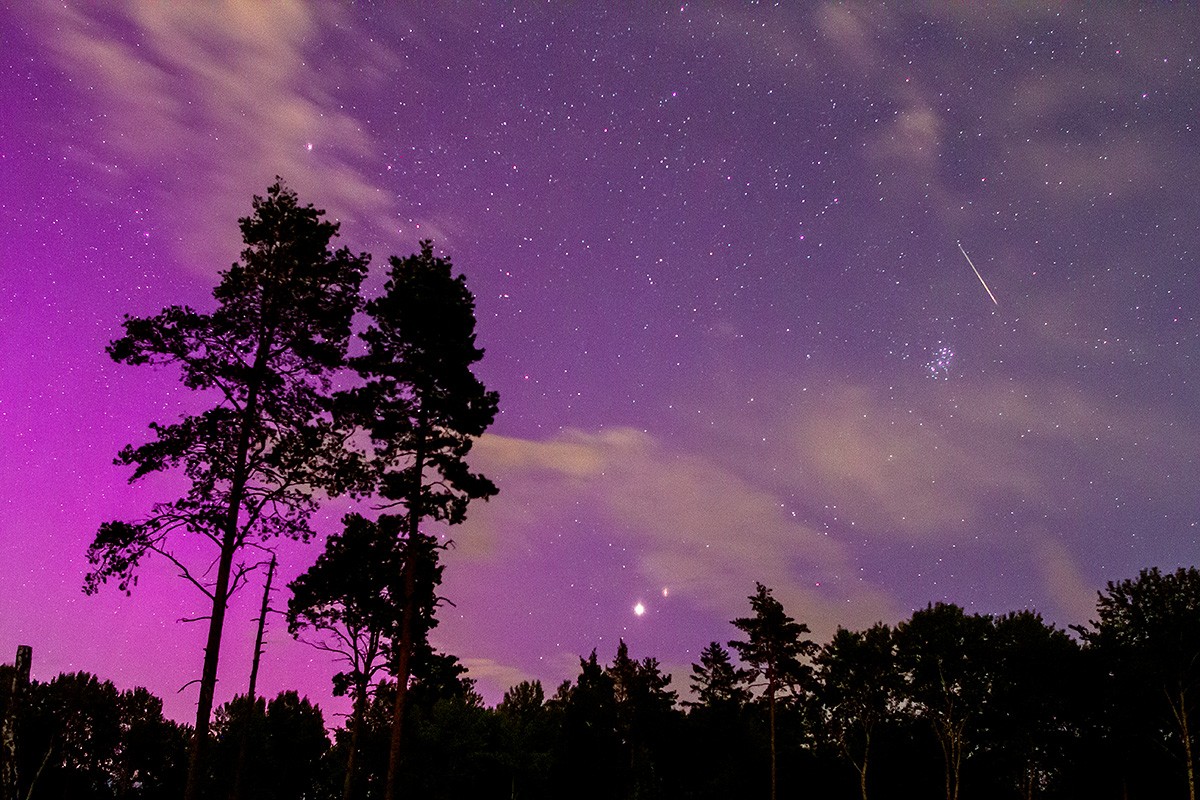 Bright Mars and even brighter Jupiter are in close conjunction just above the pine trees in this post-midnight skyscape from Vallentuna, Sweden. Taken on August 12 during a geomagnetic storm, the snapshot records the glow of aurora borealis or northern lights, beaming from the left side of the frame. Of course on that date Perseid meteors rained through planet Earth's skies, grains of dust from the shower's parent, periodic comet Swift-Tuttle. The meteor streak at the upper right is a Perseid plowing through the atmosphere at about 60 kilometers per second. Also well-known in Earth's night sky, the bright Pleiades star cluster shines below the Perseid meteor streak. In Greek myth, the Pleiades were seven daughters of the astronomical titan Atlas and sea-nymph Pleione. The Pleiades and their parents' names are given to the cluster's nine brightest stars.   Gallery: Perseid Meteor Shower 2024 and Aurorae