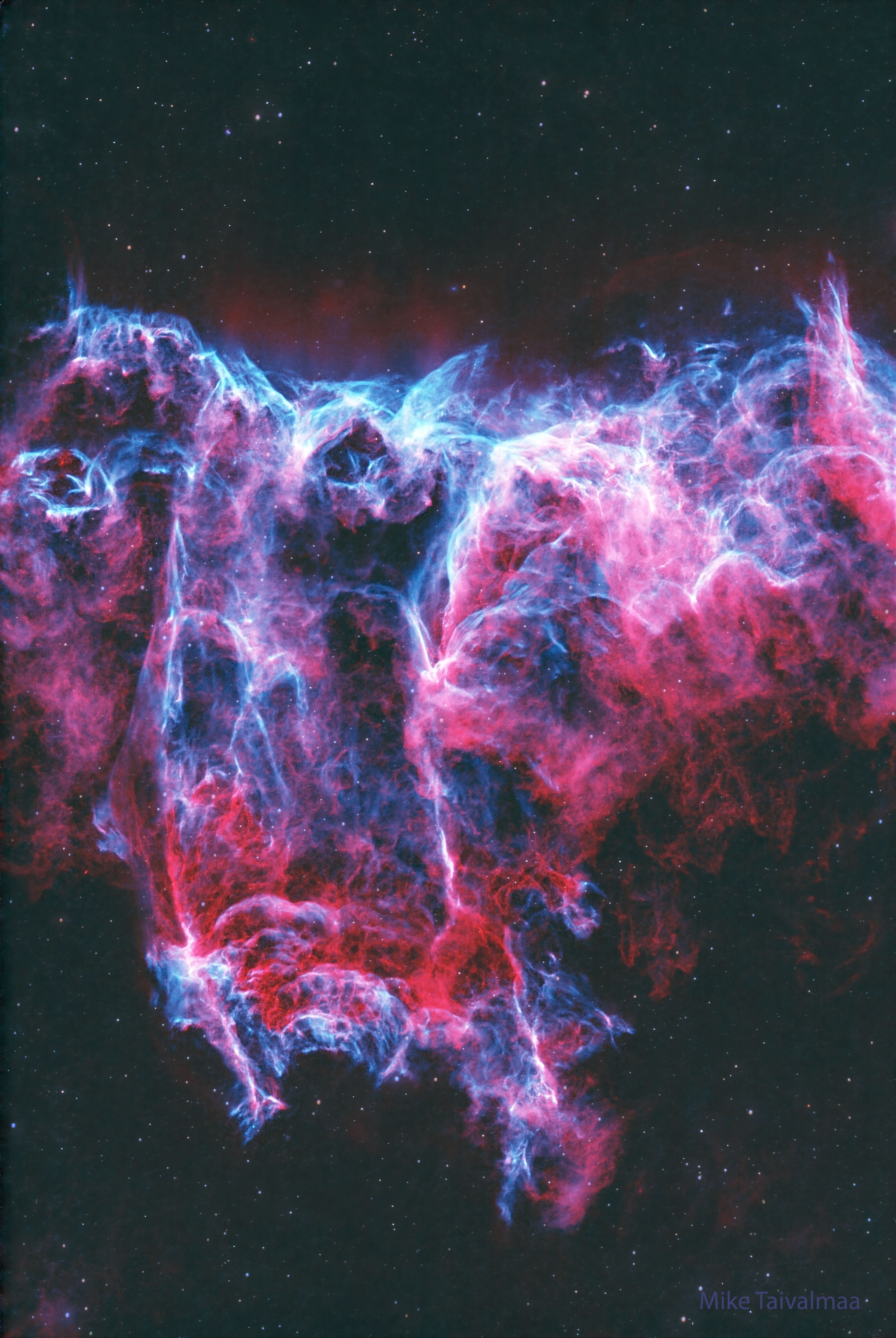 Can you see the bat?  It haunts this cosmic close-up of the eastern Veil Nebula.  The Veil Nebula itself is a large supernova remnant, the expanding debris cloud from the death explosion of a massive star. While the Veil is roughly circular in shape and covers nearly 3 degrees on the sky toward the constellation of the Swan (Cygnus), NGC 6995, known informally as the Bat Nebula, spans only 1/2 degree, about the apparent size of the Moon. That translates to 12 light-years at the Veil's estimated distance, a reassuring 1,400 light-years from planet Earth. In the composite of image data recorded through narrow band filters, emission from hydrogen atoms in the remnant is shown in red with strong emission from oxygen atoms shown in hues of blue. Of course, in the western part of the Veil lies another seasonal apparition: the Witch's Broom Nebula.   Teachers & Students: Ideas for using APOD in the classroom