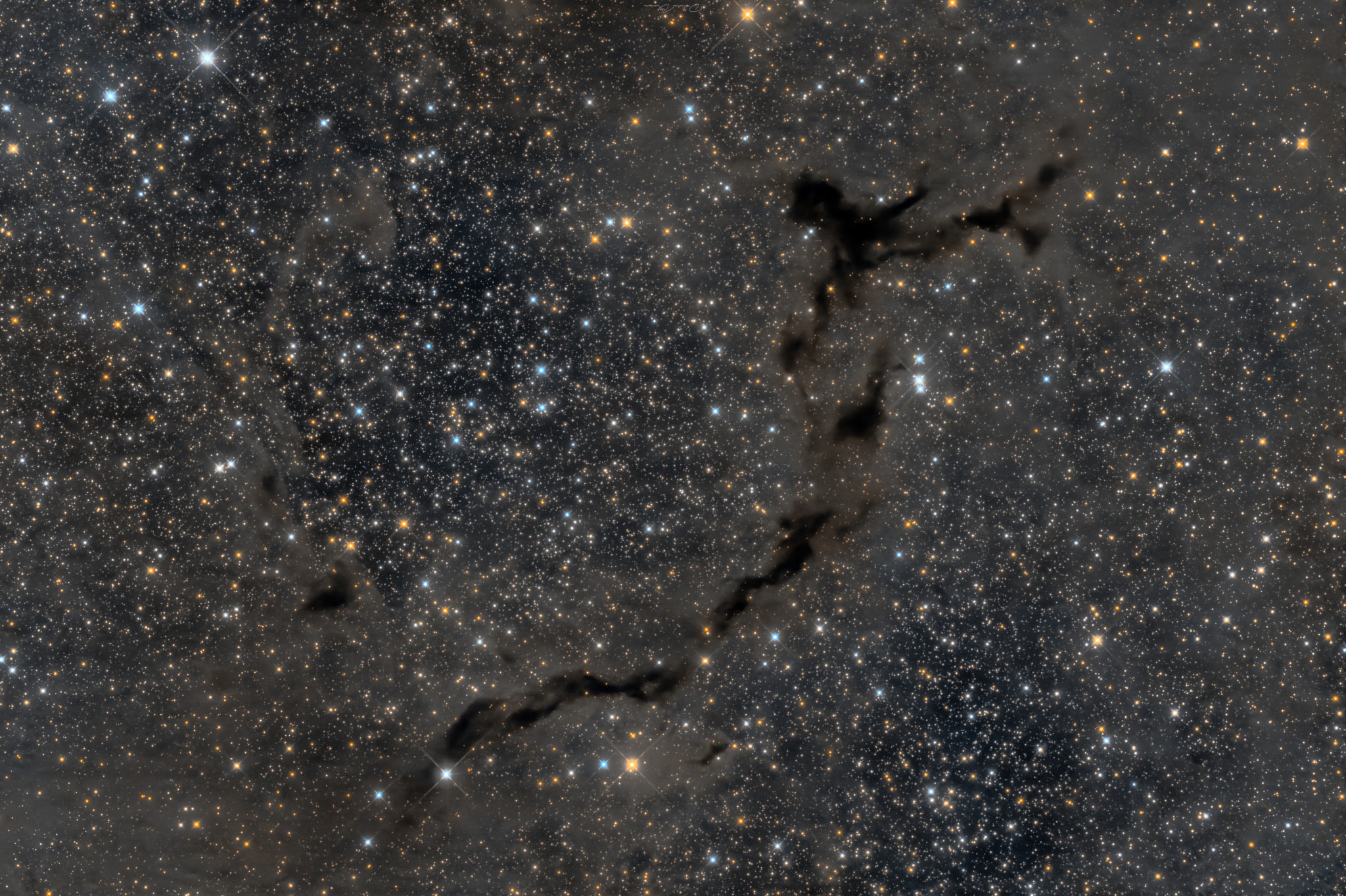 Spanning light-years, this suggestive shape known as the Seahorse Nebula floats in silhouette against a rich, luminous background of stars. Seen toward the royal northern constellation of Cepheus, the dusty, dark nebula is part of a Milky Way molecular cloud some 1,200 light-years distant. It is also listed as Barnard 150 (B150), one of 182 dark markings of the sky cataloged in the early 20th century by astronomer E. E. Barnard. Packs of low mass stars are forming within, but their collapsing cores are only visible at long infrared wavelengths. Still, the colorful Milky Way stars of Cepheus add to this stunning galactic skyscape.   Growing Gallery: This week's supermoon eclipse