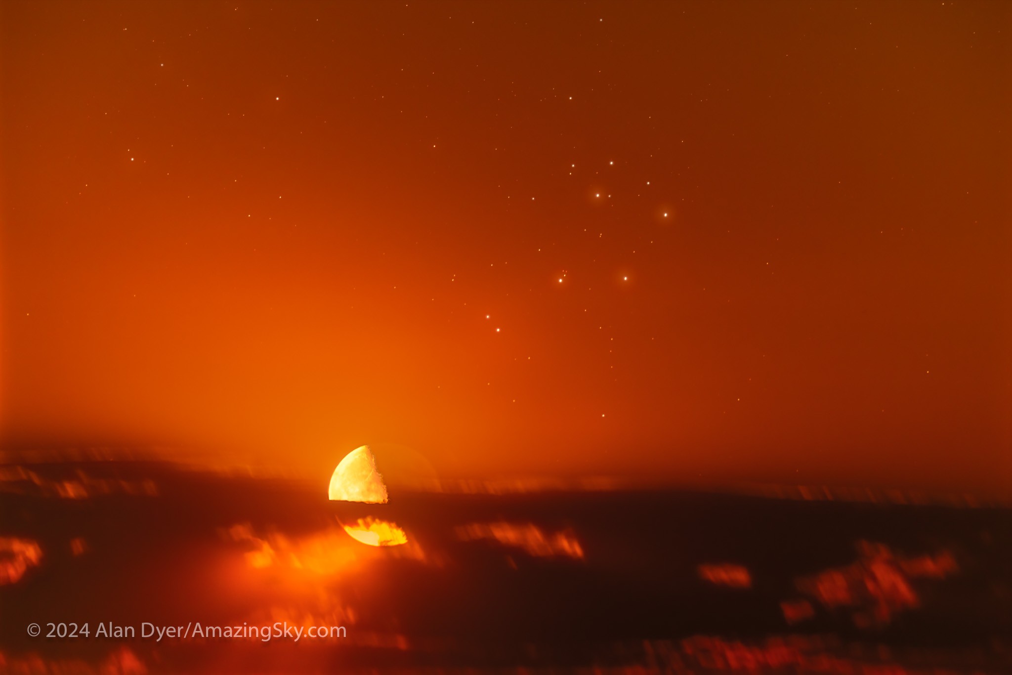 Nine days ago, two quite different sky icons were imaged rising together. Specifically, Earth's Moon shared the eastern sky with the sister stars of the Pleiades cluster, as viewed from Alberta, Canada.  Astronomical images of the well-known Pleiades often show the star cluster's alluring blue reflection nebulas, but here they are washed-out by the orange moonrise sky. The half-lit Moon, known as a quarter moon, is overexposed, although the outline of the dim lunar night side can be seen by illuminating earthshine, light first reflected from the Earth. The featured image is a composite of eight successive exposures with brightnesses adjusted to match what the human eye would see.  The Moon passes nearly -- or directly -- in front of the Pleaides once a month.