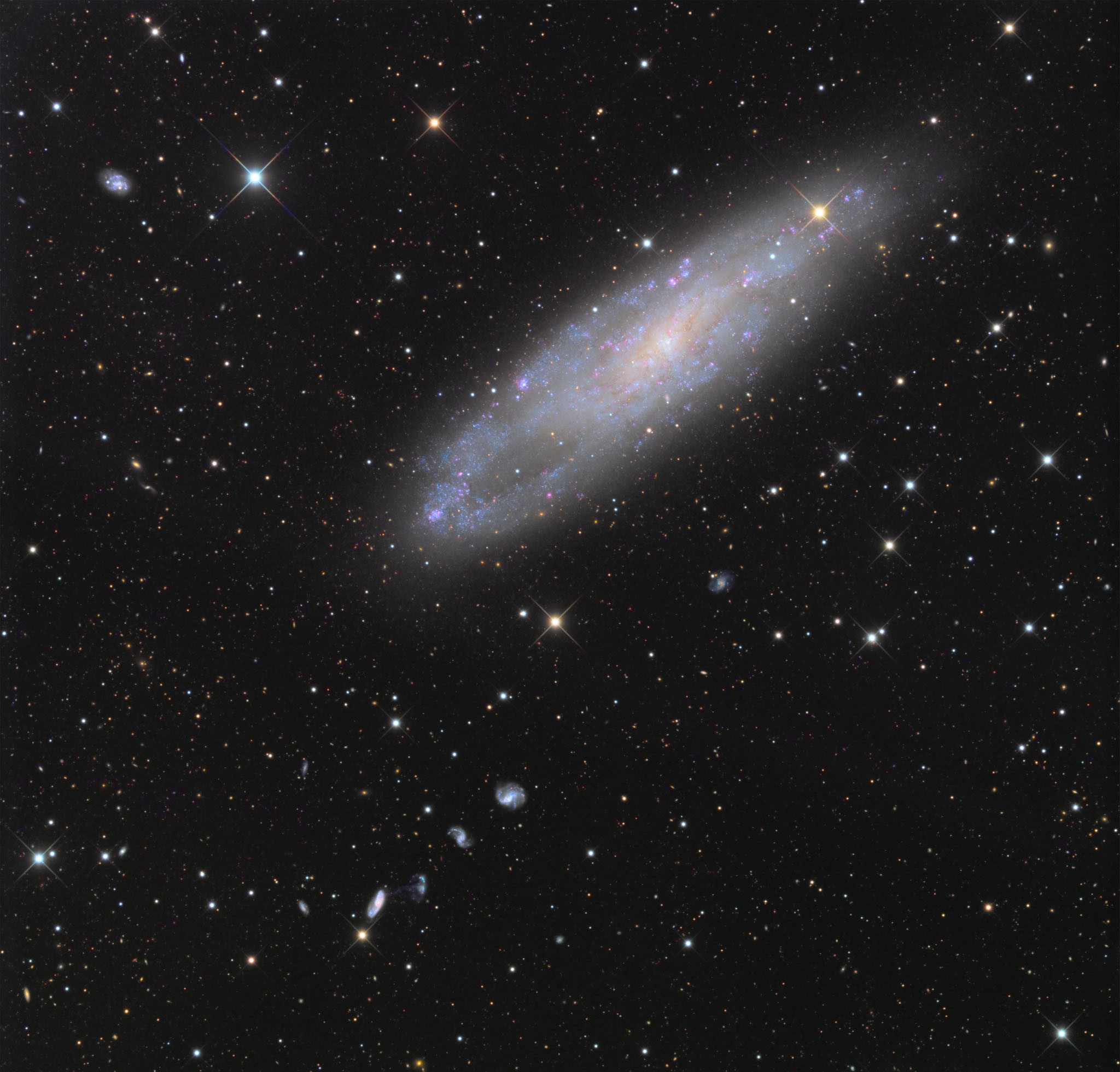 About 70,000 light-years across, NGC 247 is a spiral galaxy smaller than our Milky Way. Measured to be only 11 million light-years distant it is nearby though. Tilted nearly edge-on as seen from our perspective, it dominates this telescopic field of view toward the southern constellation Cetus. The pronounced void on one side of the galaxy's disk recalls for some its popular name, the Needle's Eye galaxy. Many background galaxies are visible in this sharp galaxy portrait, including the remarkable string of four galaxies just below and left of NGC 247 known as Burbidge's Chain. Burbidge's Chain galaxies are about 300 million light-years distant. NGC 247 itself is part of the Sculptor Group of galaxies along with shiny spiral NGC 253.