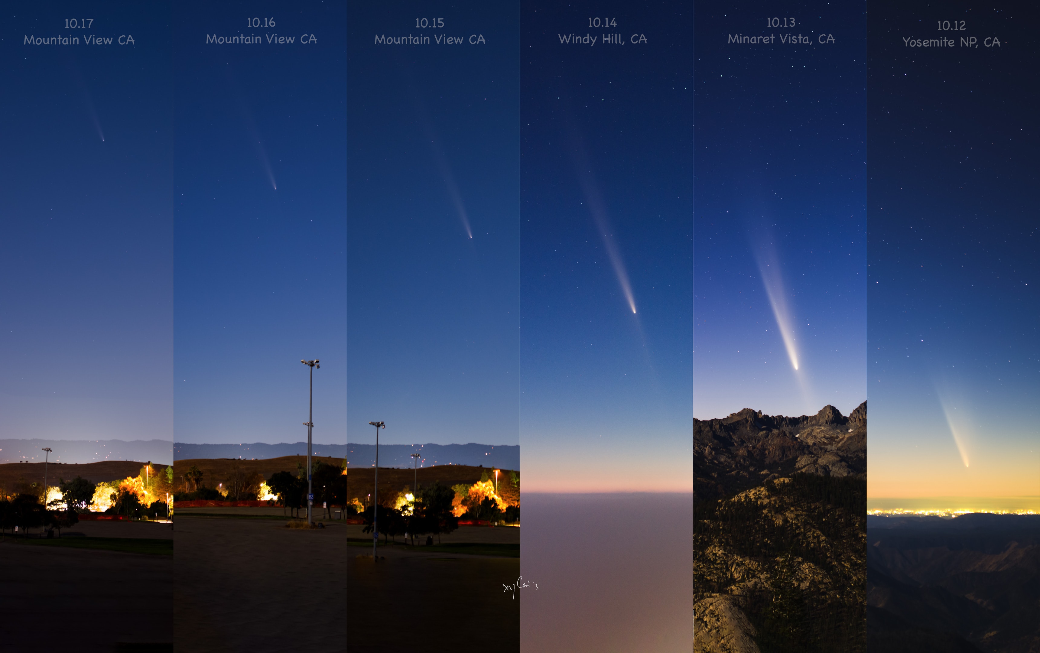 These six panels follow daily apparitions of comet C/2023 A3 Tsuchinshan-ATLAS as it moved away from our fair planet during the past week. The images were taken with the same camera and lens at the indicated dates and locations from California, planet Earth. At far right on October 12 the visitor from the distant Oort cloud was near its closest approach, some 70 million kilometers (about 4 light-minutes) away. Its bright coma and long dust tail were close on the sky to the setting Sun but still easy to spot against a bright western horizon. Over the following days, the outbound comet steadily climbs above the ecliptic and north into the darker western evening sky, but begins to fade from view. Crossing the Earth's orbital plane around October 14, Tsuchinshan-ATLAS exhibits a noticeable antitail extended toward the western horizon. Higher in the evening sky at sunset by October 17 (far left) the comet has faded and reached a distance of around 77 million kilometers from planet Earth. Hopefully you enjoyed some of Tsuchinshan-ATLAS's bid to become the best comet of 2024. This comet's initial orbital period estimates were a mere 80,000 years, but in fact it may never return to the inner Solar System.   Growing Gallery: Comet Tsuchinshan-ATLAS in 2024