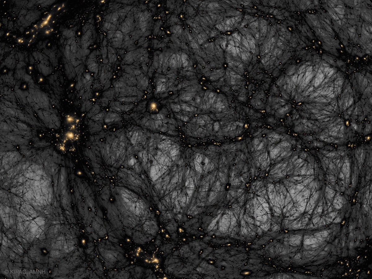 Is our universe haunted?  It might look that way on this dark matter map.  The gravity of unseen dark matter is the leading explanation for why galaxies rotate so fast, why galaxies orbit clusters so fast, why gravitational lenses so strongly deflect light, and why visible matter is distributed as it is both in the local universe and on the cosmic microwave background.  The featured image from the American Museum of Natural History's Hayden Planetarium Space Show Dark Universe highlights one example of how pervasive dark matter might haunt our universe.  In this frame from a detailed computer simulation, complex filaments of dark matter, shown in black, are strewn about the universe like spider webs, while the relatively rare clumps of familiar baryonic matter are colored orange. These simulations are good statistical matches to astronomical observations.  In what is perhaps a scarier turn of events, dark matter -- although quite strange and in an unknown form -- is no longer thought to be the strangest source of gravity in the universe. That honor now falls to dark energy, a more uniform source of repulsive gravity that seems to now dominate the expansion of the entire universe.    Explore Your Universe: Random APOD Generator