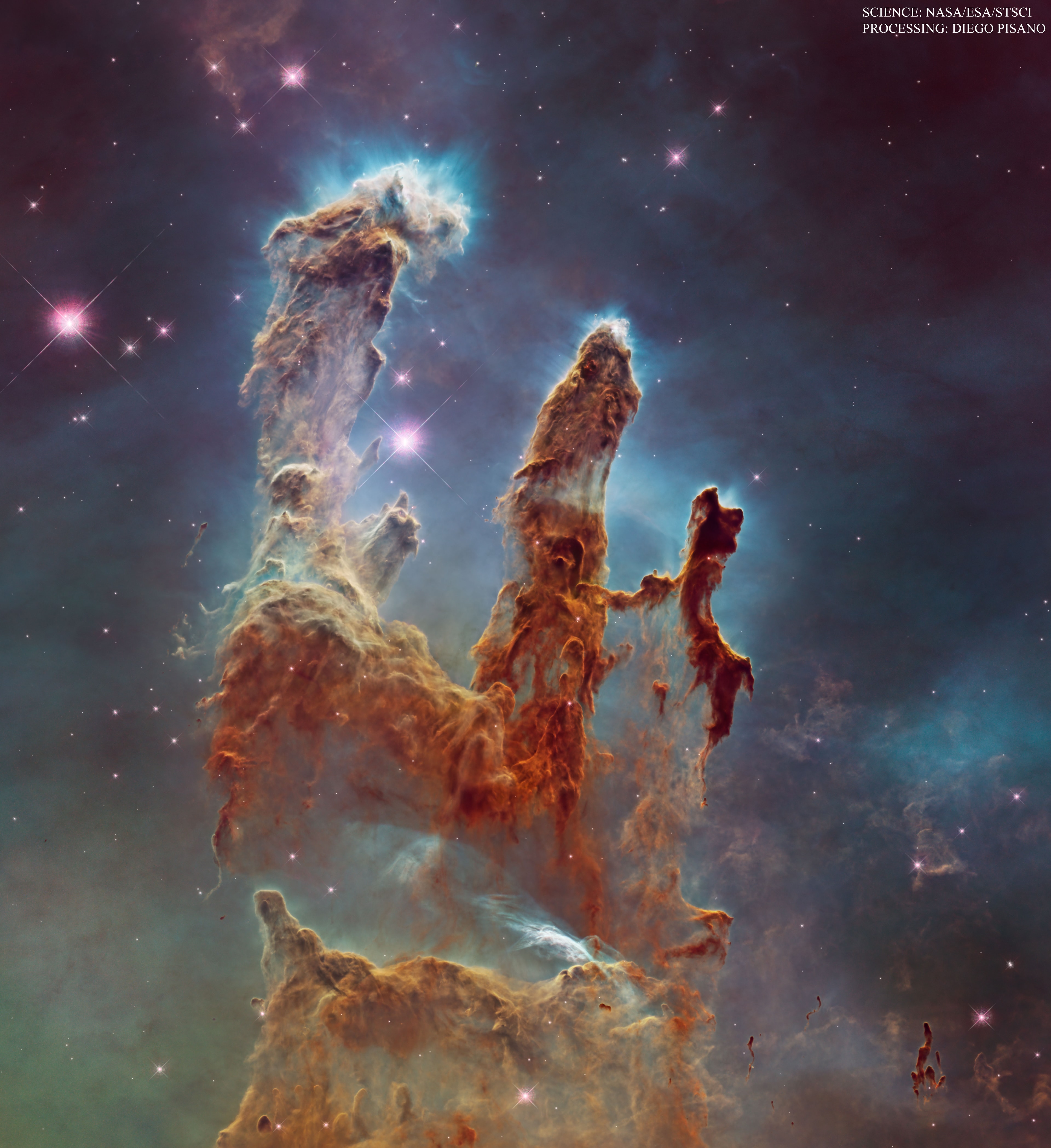 These dark pillars may look destructive, but they are creating stars.  This pillar-capturing picture of the Eagle Nebula combines visible light exposures taken with the Hubble Space Telescope with infrared images taken with the James Webb Space Telescope to highlight evaporating gaseous globules (EGGs) emerging from pillars of molecular hydrogen gas and dust.  The giant pillars are light years in length and are so dense that interior gas contracts gravitationally to form stars.  At each pillar's end, the intense radiation of bright young stars causes low density material to boil away, leaving stellar nurseries of dense EGGs exposed.  The Eagle Nebula, associated with the open star cluster M16, lies about 7000 light years away.   Jigsaw Challenge: Astronomy Puzzle of the Day