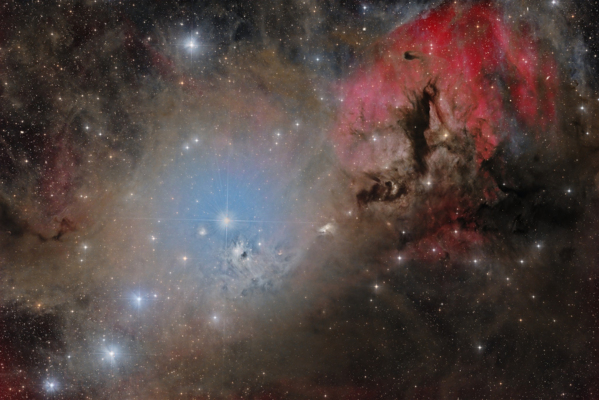 A great nebulous region near bright star omicron Persei offers this study in cosmic contrasts.  Captured in the telescopic frame is a colorful complex of dust, gas, and stars spanning about 3 degrees on the sky along the edge of the Perseus molecular cloud, some 1000 light-years away. Surrounded by a bluish halo of dust-reflected starlight, omicron Persei itself is just left of center. Immediately below it lies the intriguing young star cluster IC 348 recently explored at infrared wavelengths by the James Webb Space Telescope. In silhouette against the diffuse reddish glow of hydrogen gas, dark and obscuring interstellar dust cloud Barnard 3 is at upper right. Of course, the cosmic dust also tends to hide newly formed stars and young stellar objects or protostars from prying optical telescopes. At the Perseus molecular cloud's estimated distance, this field of view would span about 50 light-years.
