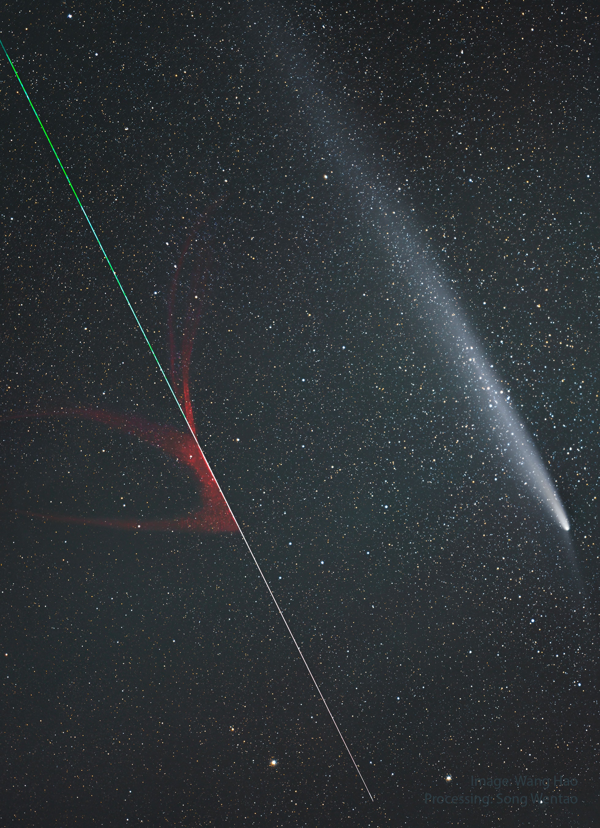 How different are these two streaks?  The streak on the upper right is Comet Tsuchinshan-Atlas showing an impressive dust tail. The comet is a large and dirty iceberg that entered the inner Solar System and is shedding gas and dust as it is warmed by the Sun's light. The streak on the lower left is a meteor showing an impressive evaporation trail.  The meteor is a small and cold rock that entered the Earth's atmosphere and is shedding gas and dust as it is warmed by molecular collisions.  The meteor was likely once part of a comet or asteroid -- perhaps later composing part of its tail.  The meteor was gone in a flash and was only caught by coincidence during a series of exposures documenting the comet's long tail. The featured image was captured just over a month ago from Sichuan Province in China.   Gallery: Comet Tsuchinshan-ATLAS in 2024
