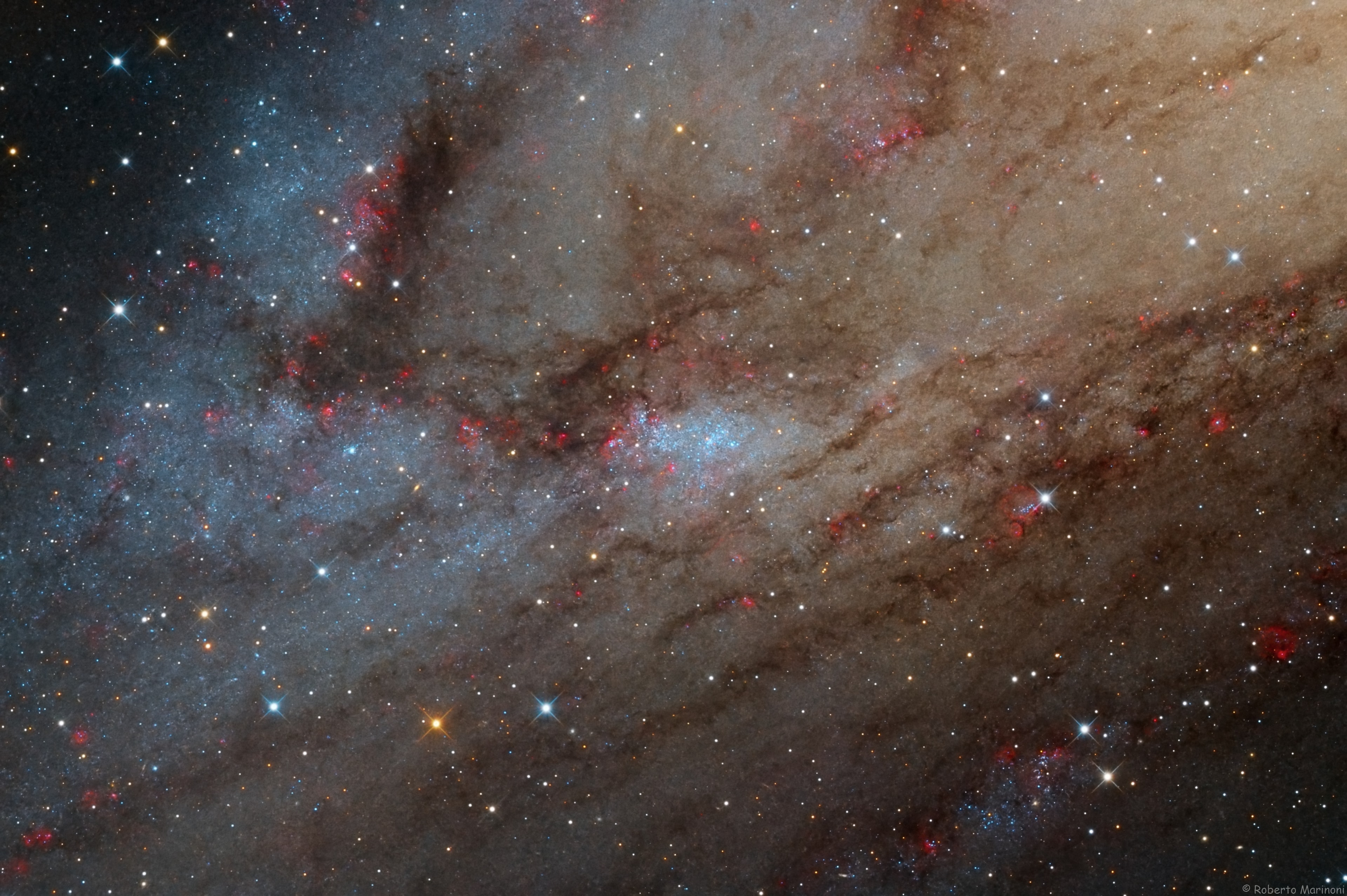 The large stellar association cataloged as NGC 206 is nestled within the dusty arms of the neighboring Andromeda galaxy along with the galaxy's pinkish star-forming regions. Also known as M31, the spiral galaxy is a mere 2.5 million light-years away. NGC 206 is found at the center of this sharp and detailed close-up of the southwestern extent of Andromeda's disk. The bright, blue stars of NGC 206 indicate its youth. In fact, its youngest massive stars are less than 10 million years old. Much larger than the open or galactic clusters of young stars in the disk of our Milky Way galaxy, NGC 206 spans about 4,000 light-years. That's comparable in size to the giant stellar nurseries NGC 604 in nearby spiral M33 and the Tarantula Nebula in the Large Magellanic Cloud.