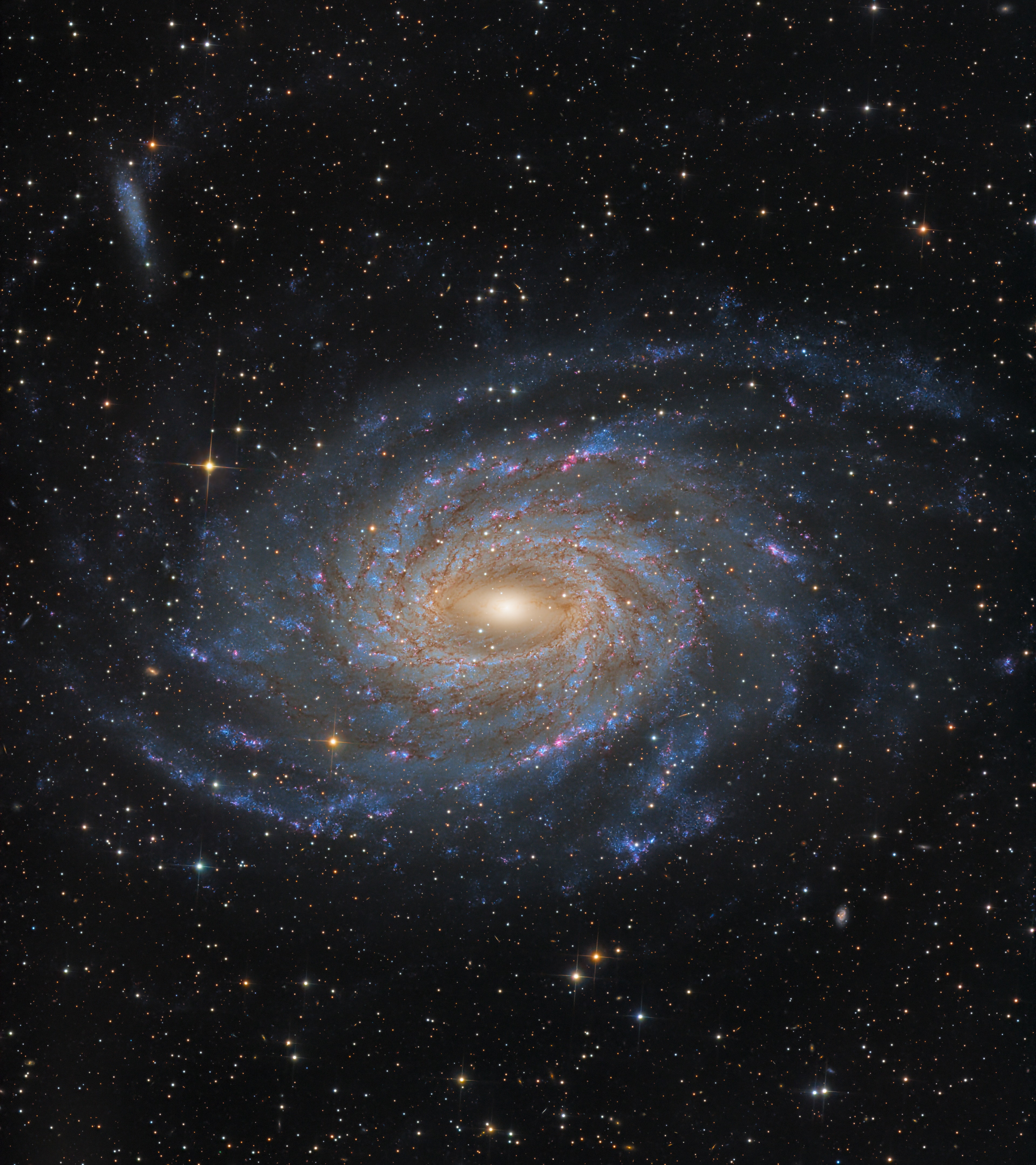 Big, beautiful spiral galaxy NGC 6744 is nearly 175,000 light-years across, larger than our own Milky Way. It lies some 30 million light-years distant in the southern constellation Pavo but appears as only a faint smudge in the eyepiece of a small telescope. We see the disk of the nearby island universe tilted towards our line of sight in this remarkably deep and detailed galaxy portrait, a telescopic image that spans an area about the angular size of a full moon. In it, the giant galaxy's elongated yellowish core is dominated by the light from old, cool stars. Beyond the core, grand spiral arms are filled with young blue star clusters and speckled with pinkish star forming regions. An extended arm sweeps past smaller satellite galaxy NGC 6744A at the upper left. NGC 6744's galactic companion is reminiscent of the Milky Way's satellite galaxy the Large Magellanic Cloud.