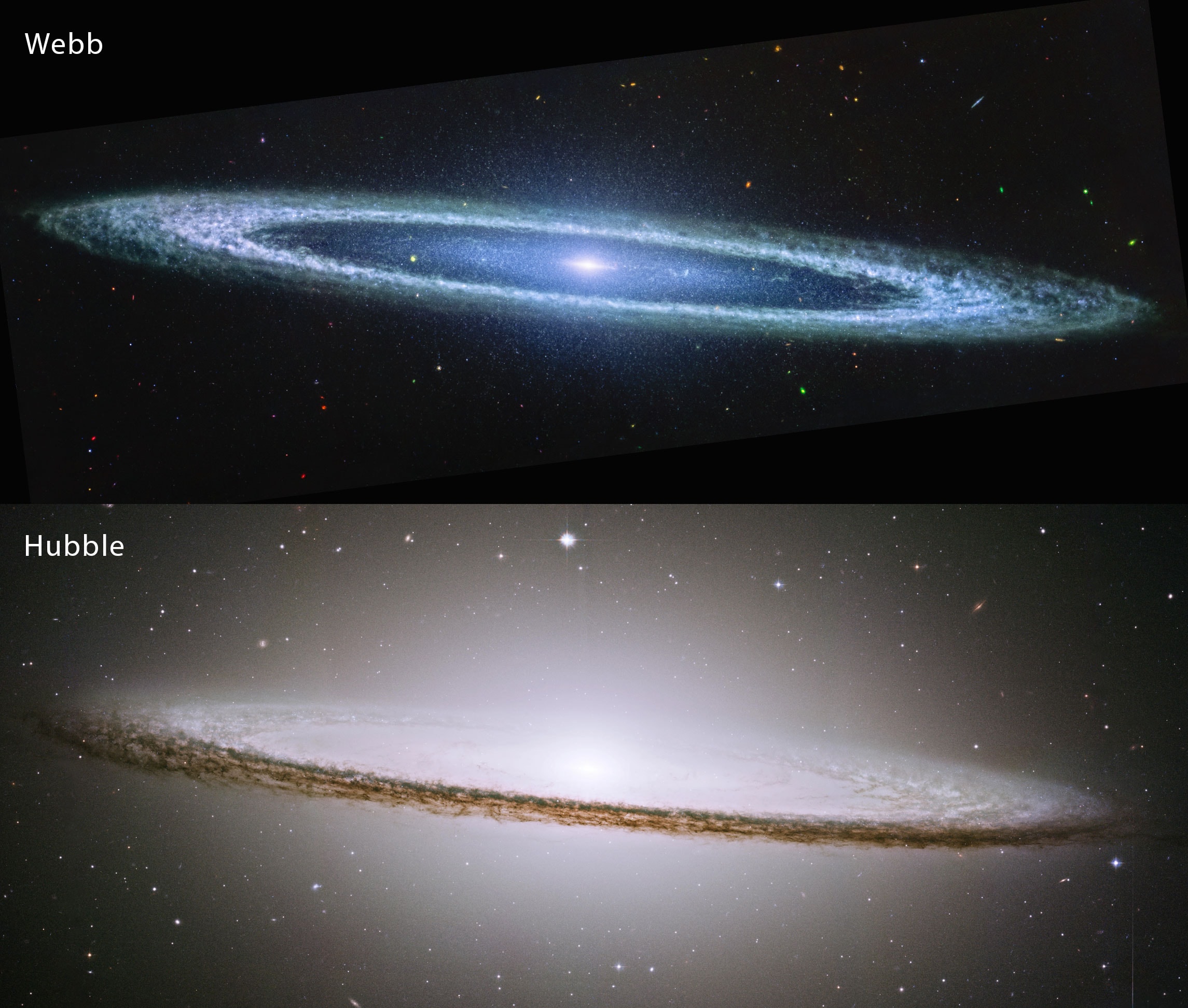 This floating ring is the size of a galaxy.  In fact, it is a galaxy -- or at least part of one: the photogenic Sombrero Galaxy is one of the largest galaxies in the nearby Virgo Cluster of Galaxies.  The dark band of dust that obscures the mid-section of the Sombrero Galaxy in visible light (bottom panel) actually glows brightly in infrared light (top panel).  The featured image shows the infrared glow in false blue, recorded recently by the space-based James Webb Space Telescope (JWST) and released yesterday,  pictured above an archival image taken by NASA's Hubble Space Telescope in visible light. The Sombrero Galaxy, also known as M104, spans about 50,000 light years and lies 28 million light years away.  M104 can be seen with a small telescope in the direction of the constellation Virgo.