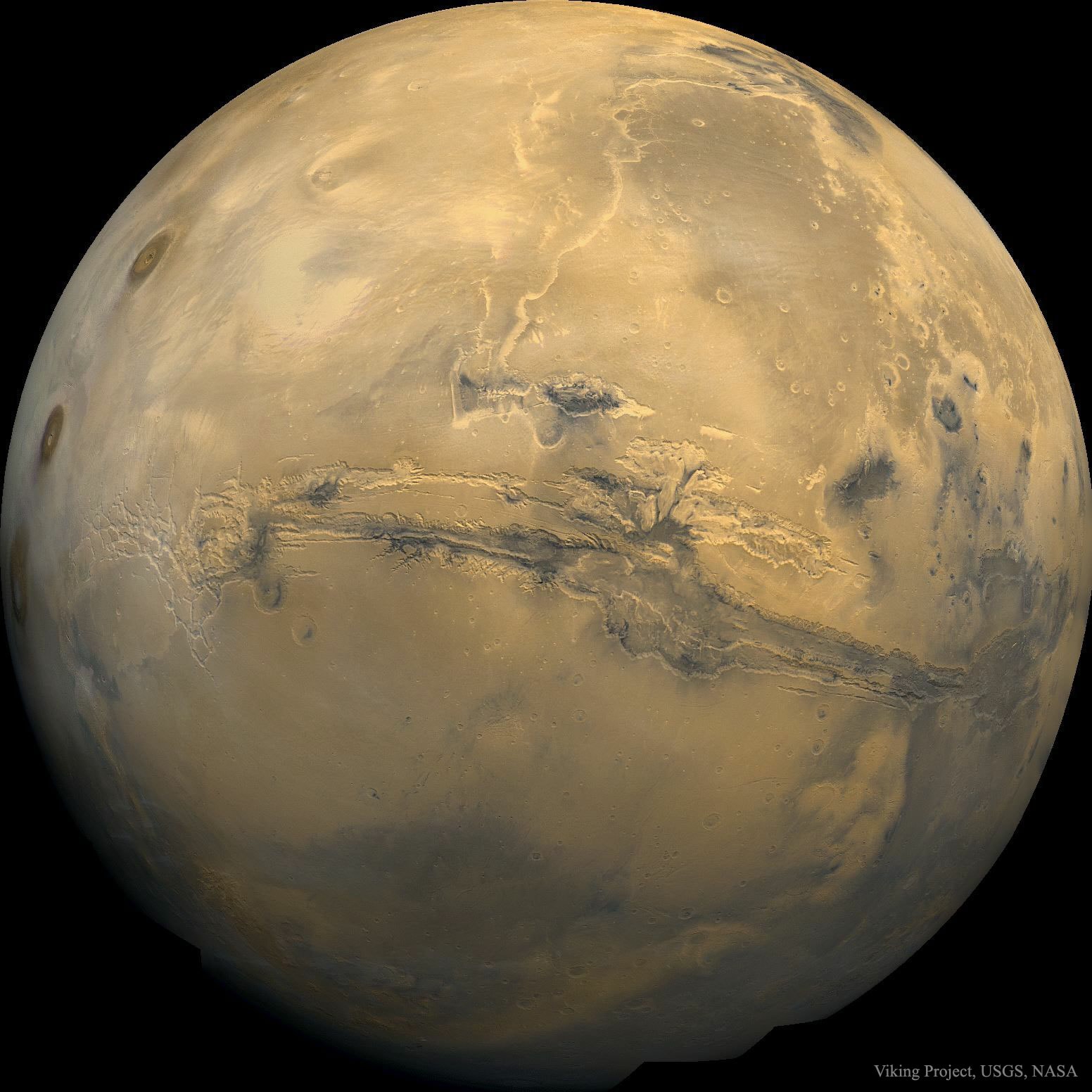 The largest canyon in the Solar System cuts a wide swath across the face of Mars.  Named Valles Marineris, the grand valley extends over 3,000 kilometers long, spans as much as 600 kilometers across, and delves as much as 8 kilometers deep.  By comparison, the Earth's Grand Canyon in Arizona, USA is 800 kilometers long, 30 kilometers across, and 1.8 kilometers deep.  The origin of the Valles Marineris remains unknown, although a leading hypothesis holds that it started as a crack billions of years ago as the planet cooled.  Several geologic processes have been identified in the canyon.  The featured mosaic was  created from over 100 images of Mars taken by Viking Orbiters in the 1970s.