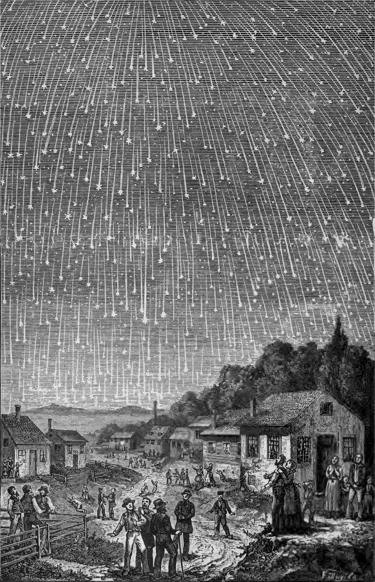 It was a night of 100,000 meteors.  The Great Meteor Storm of 1833 was perhaps the most impressive meteor event in recent history.  Best visible over eastern North America during the pre-dawn hours of November 13, many people -- including a young Abraham Lincoln -- were woken up to see the sky erupt in streaks and flashes. Hundreds of thousands of meteors blazed across the sky, seemingly pouring out of the constellation of the Lion (Leo).  The featured image is a digitization of a wood engraving which itself was based on a painting from a first-person account. We know today that the Great Meteor Storm of 1833 was caused by the Earth moving through a dense part of the dust trail expelled from Comet Tempel-Tuttle. The Earth moves through this dust stream every November during the Leonid meteor shower. Later this week you might get a slight taste of the intensity of that 1833 meteor storm by witnessing the annual Geminid meteor shower.   Explore Your Universe: Random APOD Generator