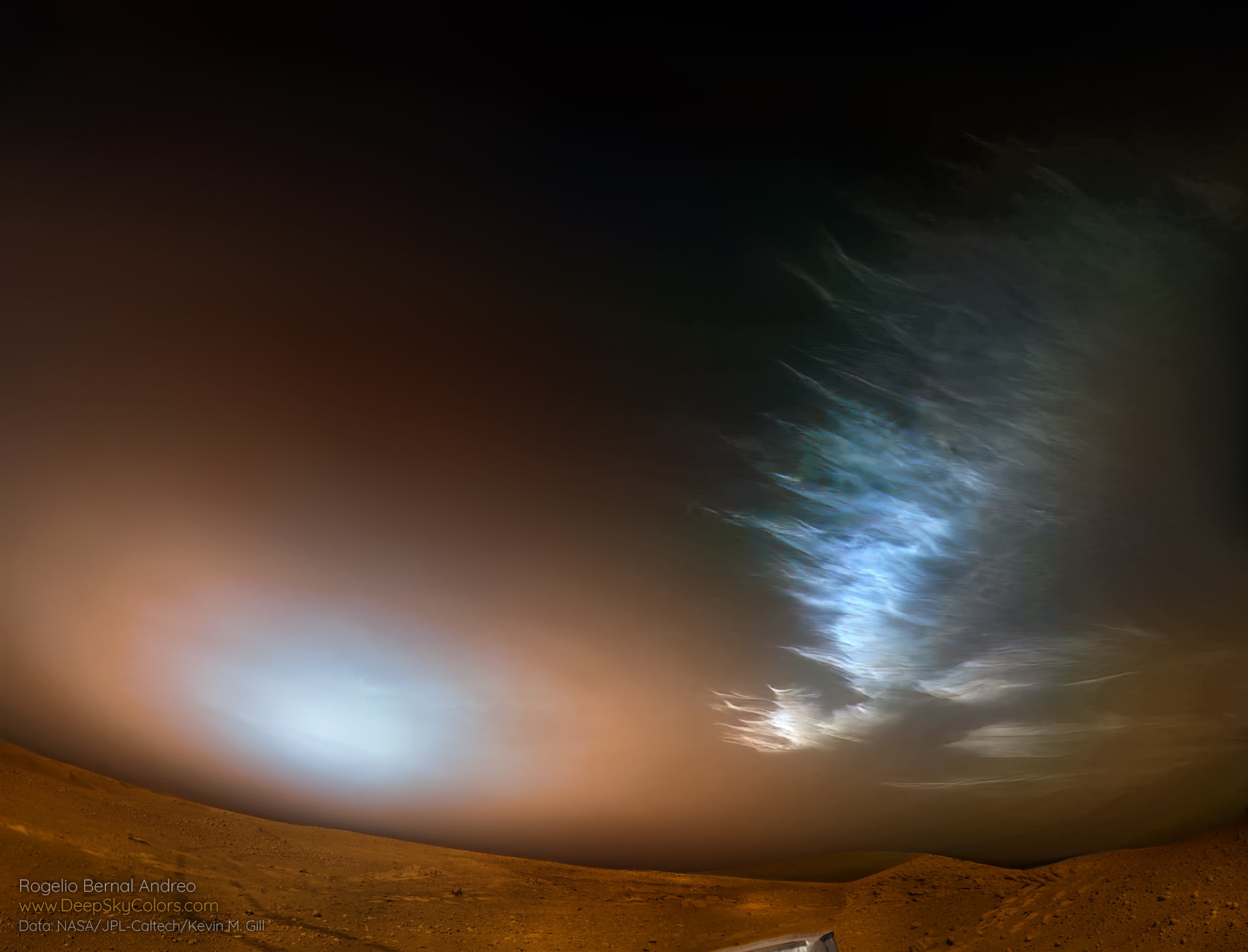 If you could stand on Mars -- what might you see?  You might look out over a vast orange landscape covered with rocks under a dusty orange sky, with a blue-tinted Sun over the horizon, and odd-shaped water clouds hovering high overhead. This was just the view captured last March by NASA's rolling explorer,  Perseverance. The orange coloring is caused by rusted iron in the Martian dirt, some of which is small enough to be swept up by winds into the atmosphere. The blue tint near the rising Sun is caused by blue light being preferentially scattered out from the Sun by the floating dust. The light-colored clouds on the right are likely composed of water-ice and appear high in the Martian atmosphere.  The shapes of some of these clouds are unusual for Earth and remain a topic of research.