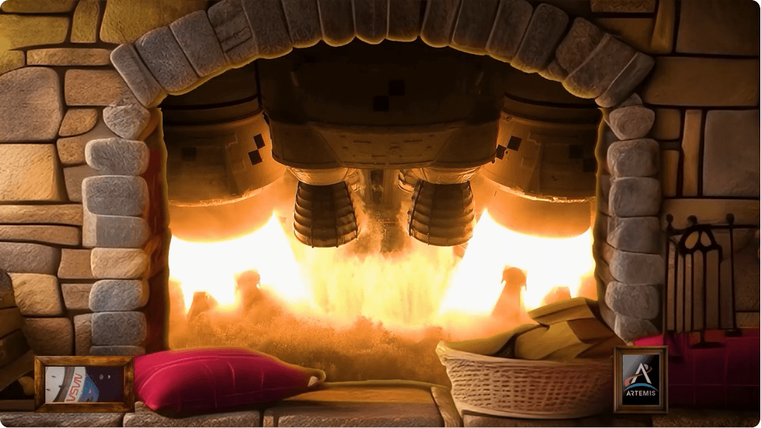 You might not think a close up view of rocket engines producing 8.8 million pounds of thrust would be relaxing, but here it can be. In fact, you can get a warm and cozy feeling just spending a few moments watching NASA's holiday rocket engine fireplace. The video features a loop of the Space Launch System rocket's RS-25 main engines throttled up and running flanked by solid rocket boosters and framed by a stone fireplace. The accompanying audio track mixes the drastically muted sounds of the rocket engines firing with the more familiar sounds of a burning, crackling wood fire. AI elements are included in the composed video along with an image and logo from the Artemis I mission. The Artemis I uncrewed mission to the Moon and back again launched in November 2022 on a Space Launch System rocket.