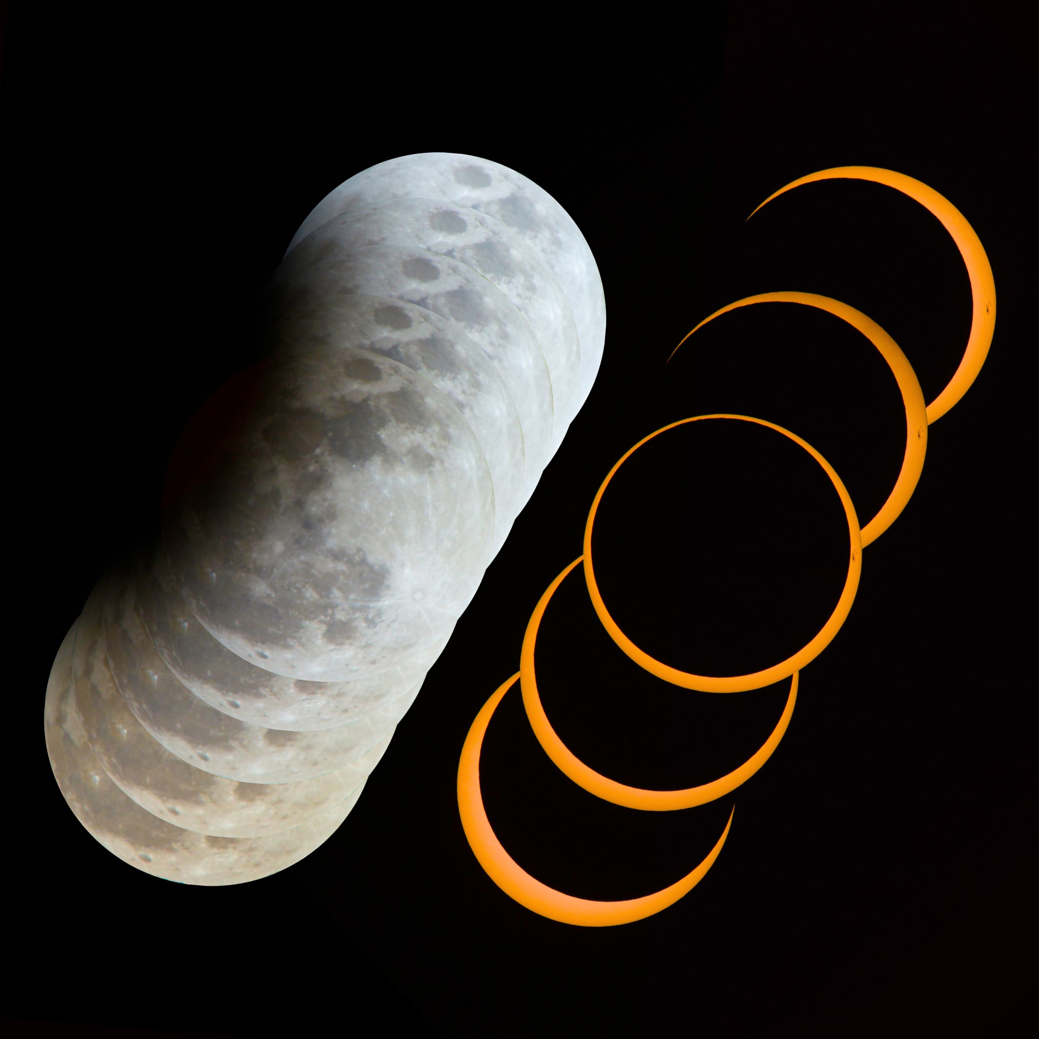 clipses tend to come in pairs. Twice a year, during an eclipse season that lasts about 34 days, Sun, Moon, and Earth can nearly align. Then the full and new phases of the Moon, separated by just over 14 days, create a lunar and a solar eclipse. But only rarely is the alignment at both new moon and full moon phases during a single eclipse season close enough to produce a pair with both total (or a total and an annular) lunar and solar eclipses. More often, partial eclipses are part of any eclipse season. In fact, the last eclipse season of 2024 produced this fortnight-separated eclipse pair: a partial lunar eclipse on 18 September and an annular solar eclipse on 2 October. The time-lapse composite images were captured from Somerset, UK (left) and Rapa Nui planet Earth. The 2025 eclipse seasons will see a total lunar eclipse on 14 March paired with a partial solar eclipse on 29 March, and a total lunar eclipse on 8 September followed by a partial solar eclipse on 21 September.