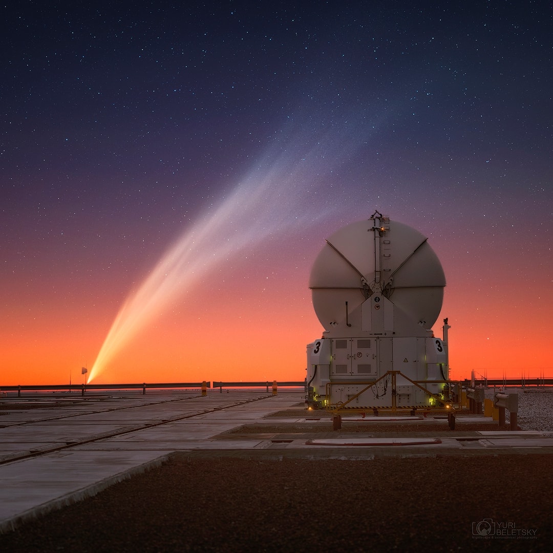 Comet C/2024 G3 ATLAS has made a dramatic appearance in planet Earth's skies. A visitor from the distant Oort Cloud, the comet reached its perihelion on January 13. On January 19, the bright comet was captured here from ESO Paranal Observatory in the Atacama desert in Chile. Sporting spectacular sweeping dust tails, this comet ATLAS is setting in the southern hemisphere twilight and was clearly visible to the unaided eye. In the foreground is the closed shell of one of the observatory's famous auxiliary telescopes. Still wowing southern hemisphere observers, the comet's bright coma has become diffuse, its icy nucleus apparently disintegrating following its close approach to the Sun.   Growing Gallery: Comet ATLAS (G3)