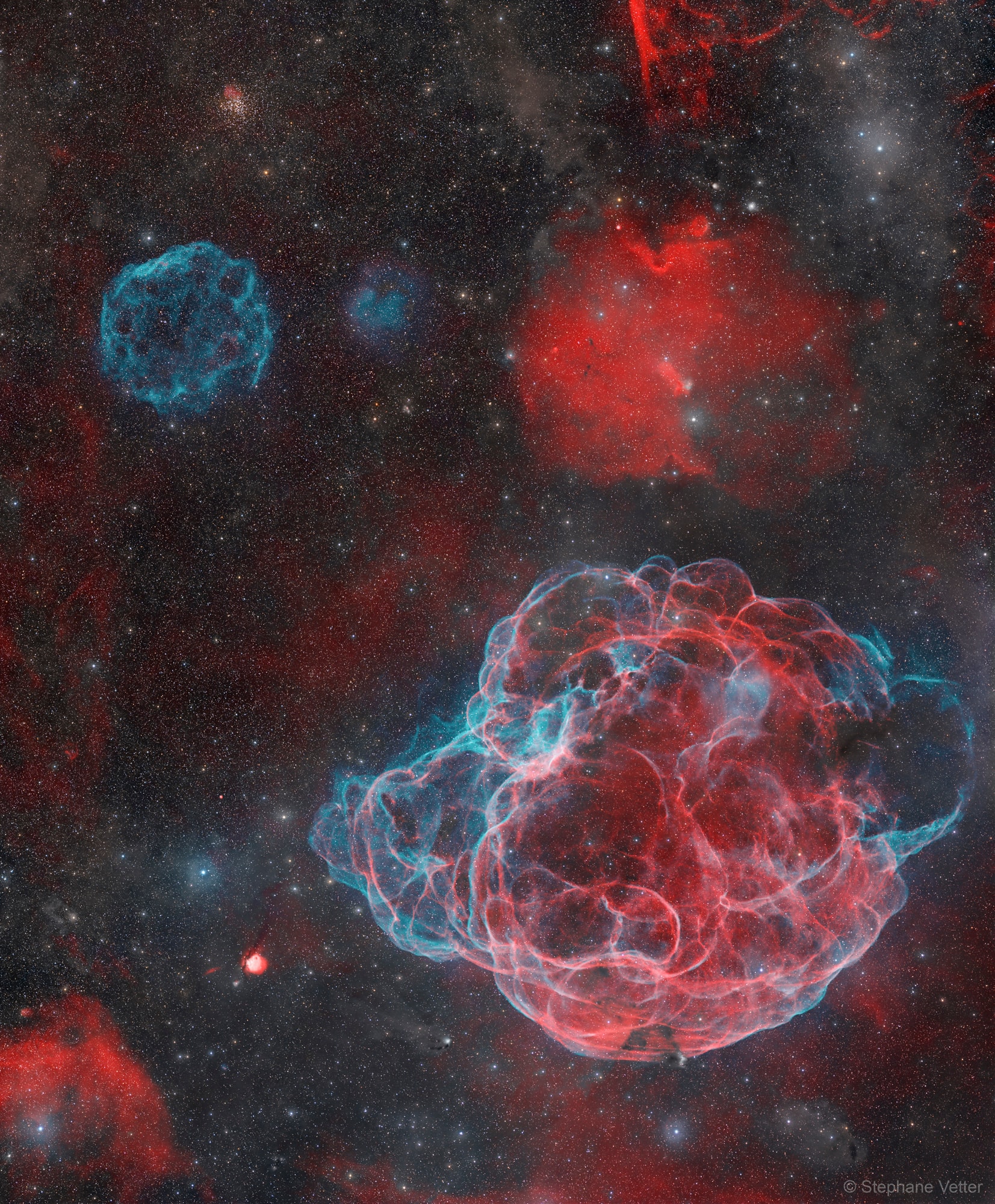 What happens after a star explodes?  A huge fireball of hot gas shoots out in all directions.  When this gas slams into the existing interstellar medium, it heats up so much it glows. Two different supernova remnants (SNRs) are visible in the featured image, taken at the Oukaïmeden Observatory in Morocco.  The blue soccer ball-looking nebula toward the upper left is SNR G179.0+02.6, which appears to be the smaller one.  This supernova, about 11,000 light years distant, detonated about 50,000 years ago. Although composed mostly of hydrogen gas, the blue light is emitted by a trace amount of oxygen.  The seemingly larger SNR, dominating the lower right of the frame, is the Spaghetti Nebula, cataloged as Simeis 147 and sh2-240.  This supernova, only about 3,000 light years away, exploded about 40,000 years ago. Comparatively, even though they appear different sizes, both supernova remnants are not only roughly the same age, but about the same size, too.