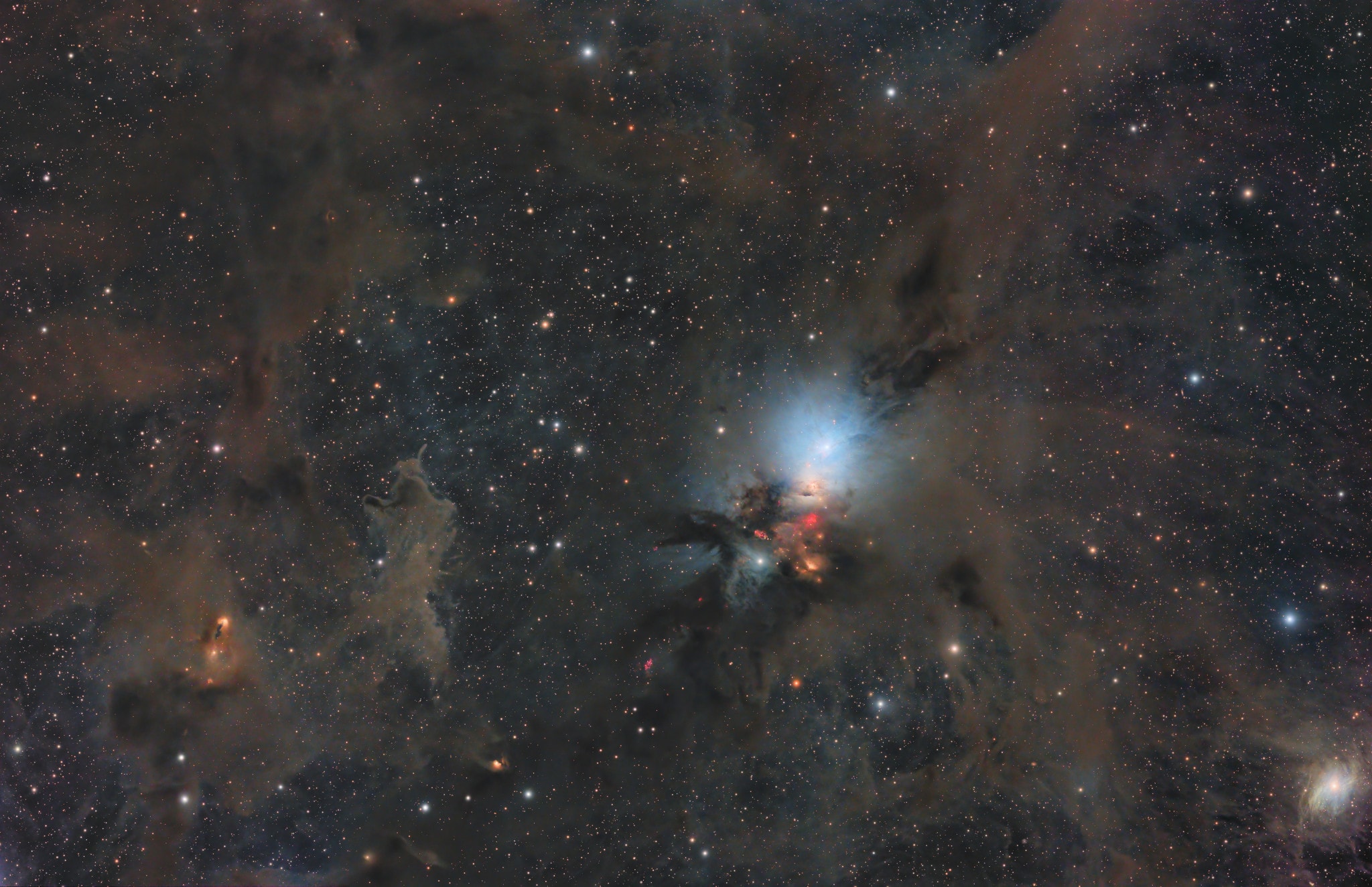 Clouds of stardust drift through this deep skyscape, across the Perseus molecular cloud some 850 light-years away. Dusty nebulae reflecting light from embedded young stars stand out in the nearly 4 degree wide field of view. With a characteristic bluish color reflection nebula NGC 1333 is prominent near center. Hints of contrasting red emission from Herbig-Haro objects, the jets and shocked glowing gas emanating from recently formed stars, are scattered across the dusty expanse. While many stars are forming in the molecular cloud, most are obscured at visible wavelengths by the pervasive dust. The chaotic environment surrounding NGC 1333 may be similar to one in which our own Sun formed over 4.5 billion years ago. At the estimated distance of the Perseus molecular cloud, this cosmic scene would span about 80 light-years.   Growing Gallery: Comet ATLAS (G3)