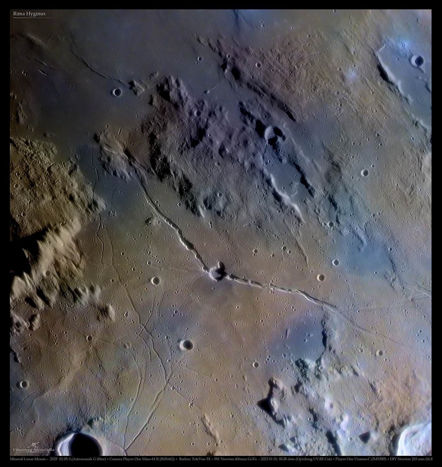 Rima Hyginus is a spectacular fissure, some 220 kilometers long, found near the center of the lunar near side. Easy to spot in telescopic views of the Moon, it stretches top left to bottom right across this lunar closeup. The image was made with exaggerated colors that reflect the mineral composition of the lunar soil. Hyginus crater lies near the center of the narrow lunar surface groove. About 10 kilometers in diameter, the low-walled crater is a volcanic caldera, one of the larger non-impact craters on the lunar surface. Dotted with small pits formed by surface collapse, Hyginus rima itself was likely created by stresses due to internal magma upwelling and collapse along a long surface fault. The intriguing region was a candidate landing site for the canceled Apollo 19 mission.