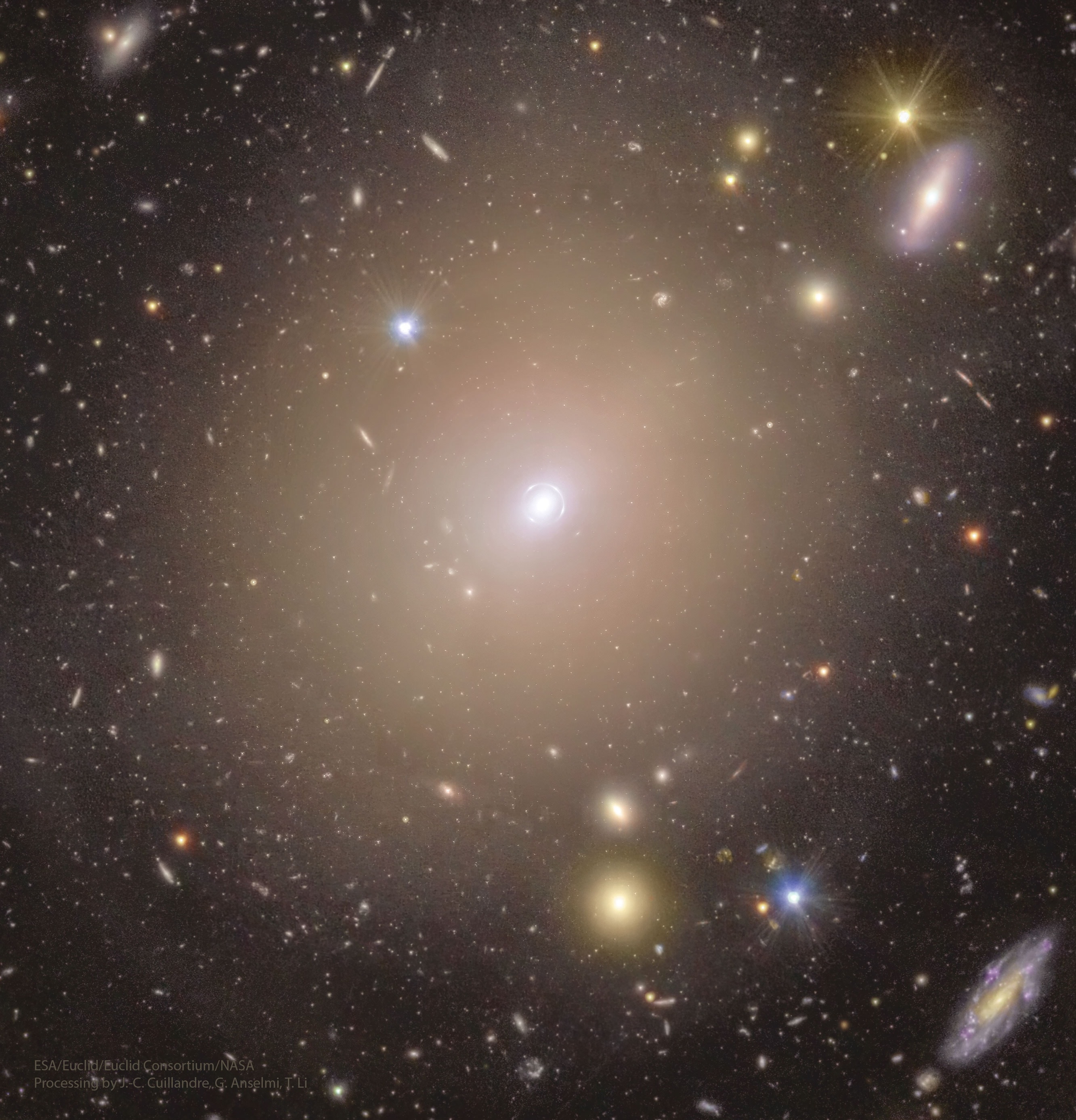 Do you see the ring?  If you look very closely at the center of the featured galaxy NGC 6505, a ring becomes evident. It is the gravity of NGC 6505, the nearby (z = 0.042) elliptical galaxy that you can easily see, that is magnifying and distorting the image of a distant galaxy into a complete circle. To create a complete Einstein ring there must be perfect alignment of the nearby galaxy's center and part of the background galaxy. Analysis of this ring and the multiple images of the background galaxy help to determine the mass and fraction of dark matter in NGC 6505's center, as well as uncover previously unseen details in the distorted galaxy.  The featured image was captured by ESA's Earth-orbiting Euclid telescope in 2023 and released earlier this month.