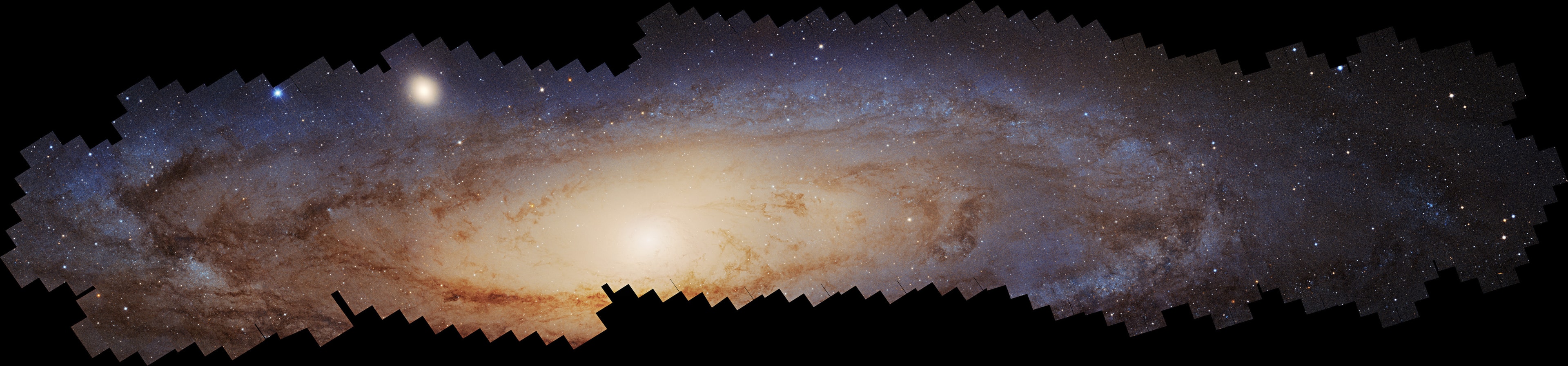 The largest photomosaic ever assembled from Hubble Space Telescope image data is a panoramic view of our neighboring spiral Andromeda Galaxy. With 600 overlapping frames assembled from observations made from July 2010 to December 2022, the full Hubble Andromeda Galaxy mosaic spans almost six full moons across planet Earth's sky. A cropped version shown above is nearly two full moons across and partially covers Andromeda's core and inner spiral arms. Also known as M31, the Andromeda Galaxy is 2.5 million light-years away. That makes it the closest large spiral galaxy to our own Milky Way. Our perspective on the spiral Milky Way is anchored to the view from the location of the Sun, a star found within the Milky Way's galactic disk. But Hubble's magnificent Andromeda mosaic offers an expansive view of a large spiral galaxy from the outside looking in. Hubble's comprehensive, detailed data set extending across the Andromeda Galaxy will allow astronomers to make an unprecedented holistic exploration of the mysteries of spiral galaxy structure and evolution.