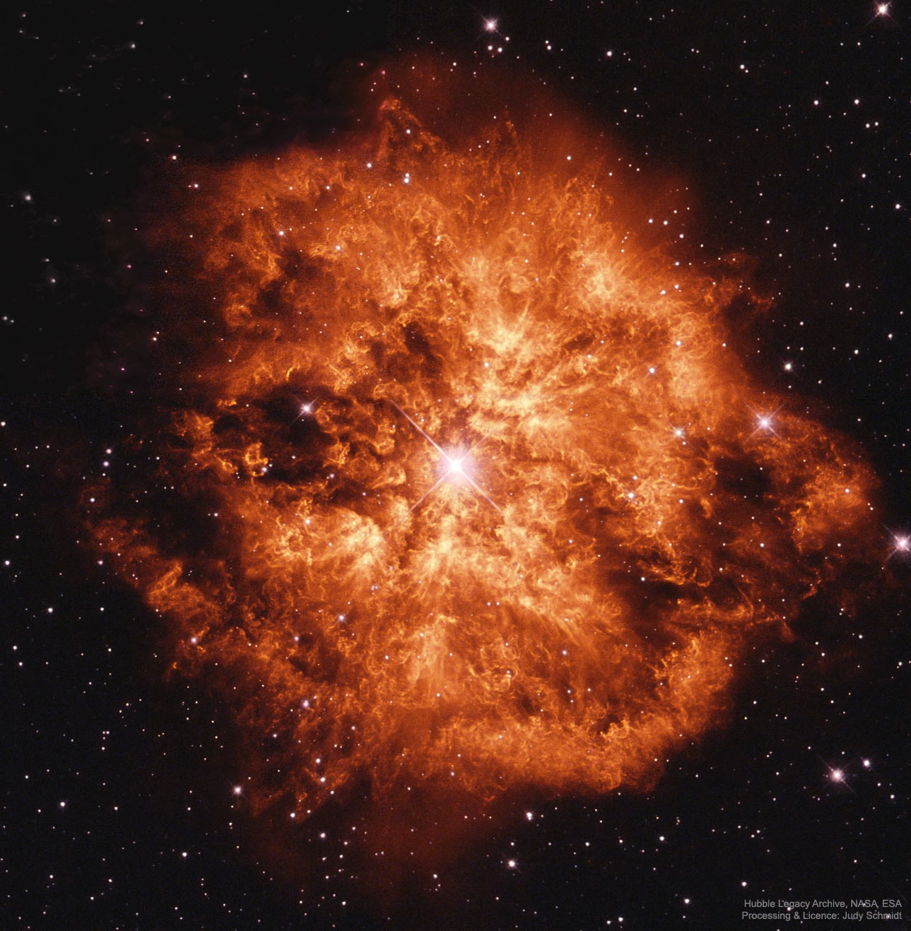 Some stars explode in slow motion.  Rare, massive Wolf-Rayet stars are so tumultuous and hot that they are slowly disintegrating right before our telescopes.  Glowing gas globs each typically over 30 times more massive than the Earth are being expelled by violent stellar winds.  Wolf-Rayet star WR 124, visible near the featured image center, is thus creating the surrounding nebula known as M1-67, which spans six light years across. Details of why this star has been slowly blowing itself apart over the past 20,000 years remains a topic of research.  WR 124 lies 15,000 light-years away towards the constellation of the Arrow (Sagitta).  The fate of any given Wolf-Rayet star likely depends on how massive it is, but many are thought to end their lives with spectacular explosions such as supernovas or gamma-ray bursts.   Explore Your Universe: Random APOD Generator