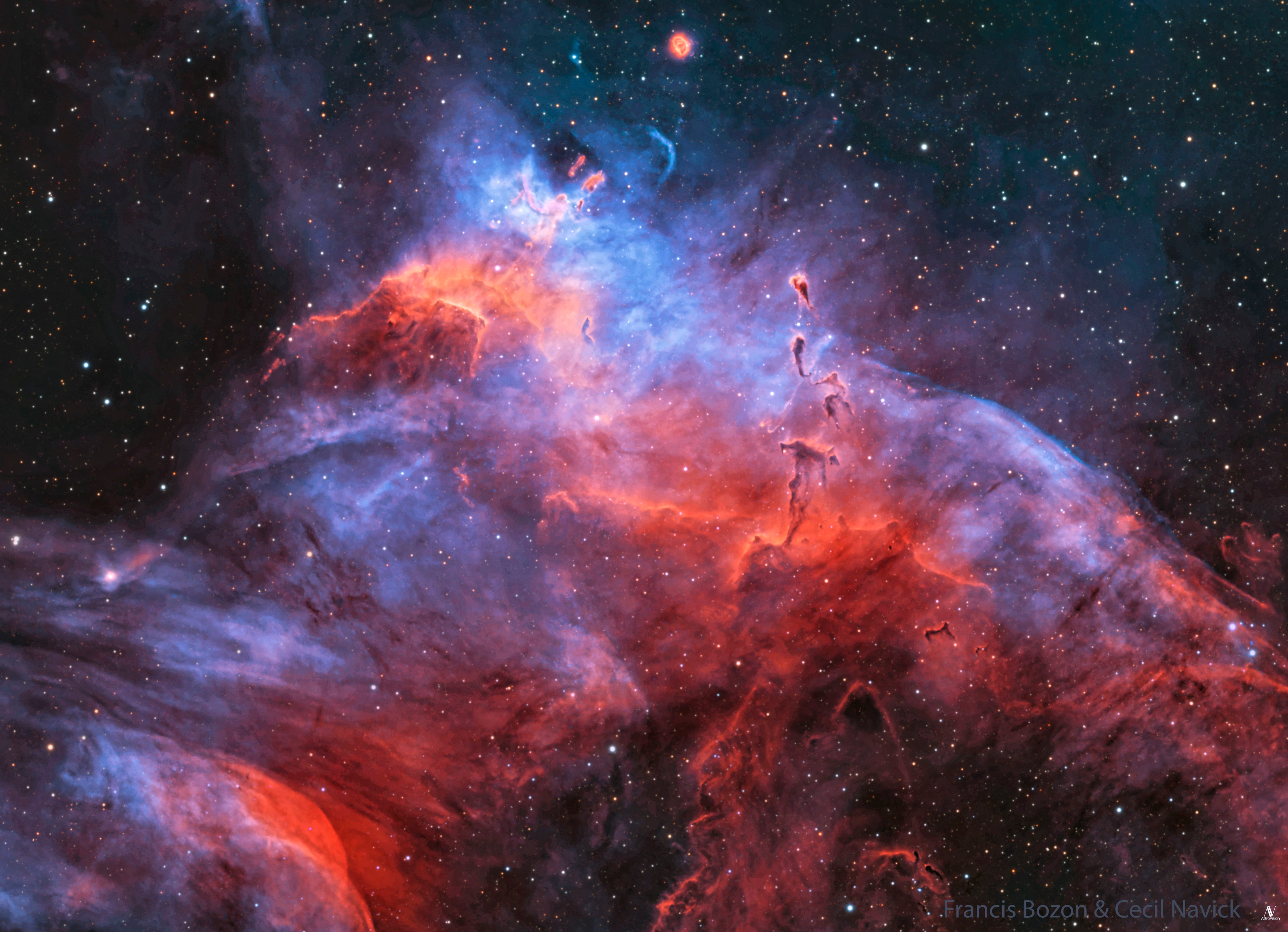 This cosmic skyscape features glowing gas and dark dust clouds alongside the young stars of NGC 3572.  A beautiful emission nebula and star cluster, it sails far southern skies within the nautical constellation Carina.  Stars from NGC 3572 are toward top center in the telescopic frame that would measure about 100 light-years across at the cluster's estimated distance of 9,000 light-years.  The visible interstellar gas and dust, shown in colors of the Hubble palette, is part of the star cluster's natal molecular cloud, itself cataloged as Gum 37. Dense streamers of material within the nebula, eroded by stellar winds and radiation, clearly trail away from the energetic young stars.  They are likely sites of ongoing star formation with shapes reminiscent of the Tadpoles of IC 410 -- better known to northern skygazers.  In the coming tens to hundreds of millions of years, gas and stars in the cluster will be dispersed though, by gravitational tides and by violent supernova explosions that end the short lives of the massive cluster stars.