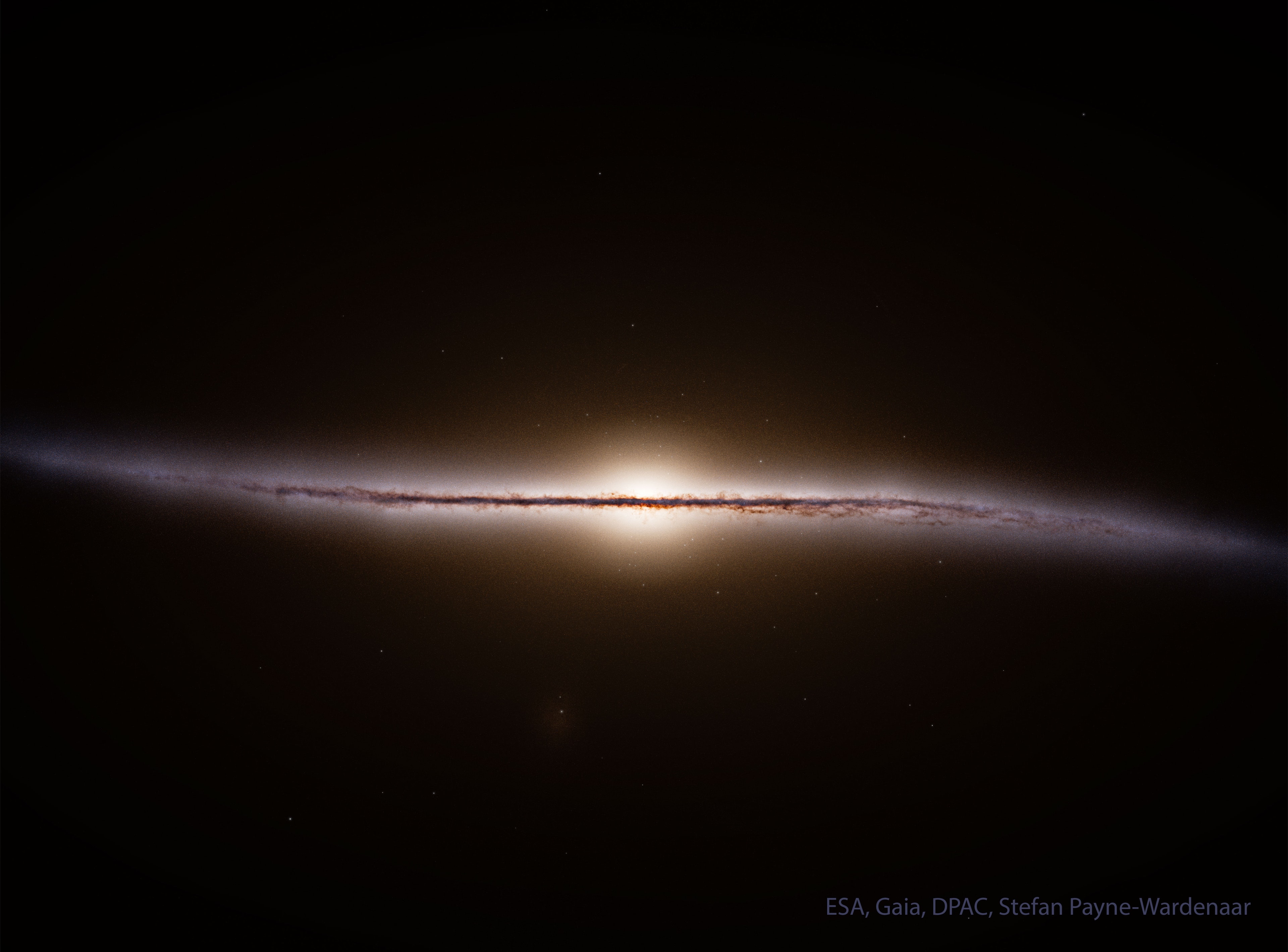 What does our Milky Way Galaxy look like from the side? Because we are on the inside, humanity can’t get an actual picture. Recently, however, just such a map has been made using location data for over a billion stars from ESA’s Gaia mission. The resulting featured illustration shows that just like many other spiral galaxies, our Milky Way has a very thin central disk. Our Sun and all the stars we see at night are in this disk. Although hypothesized before, perhaps more surprising is that the disk appears curved at the outer edges. The colors of our Galaxy's warped central band derive mostly from dark dust, bright blue stars, and red emission nebulas. Although data analysis is ongoing, Gaia was deactivated in March after a successful mission.   Explore Your Universe: Random APOD Generator