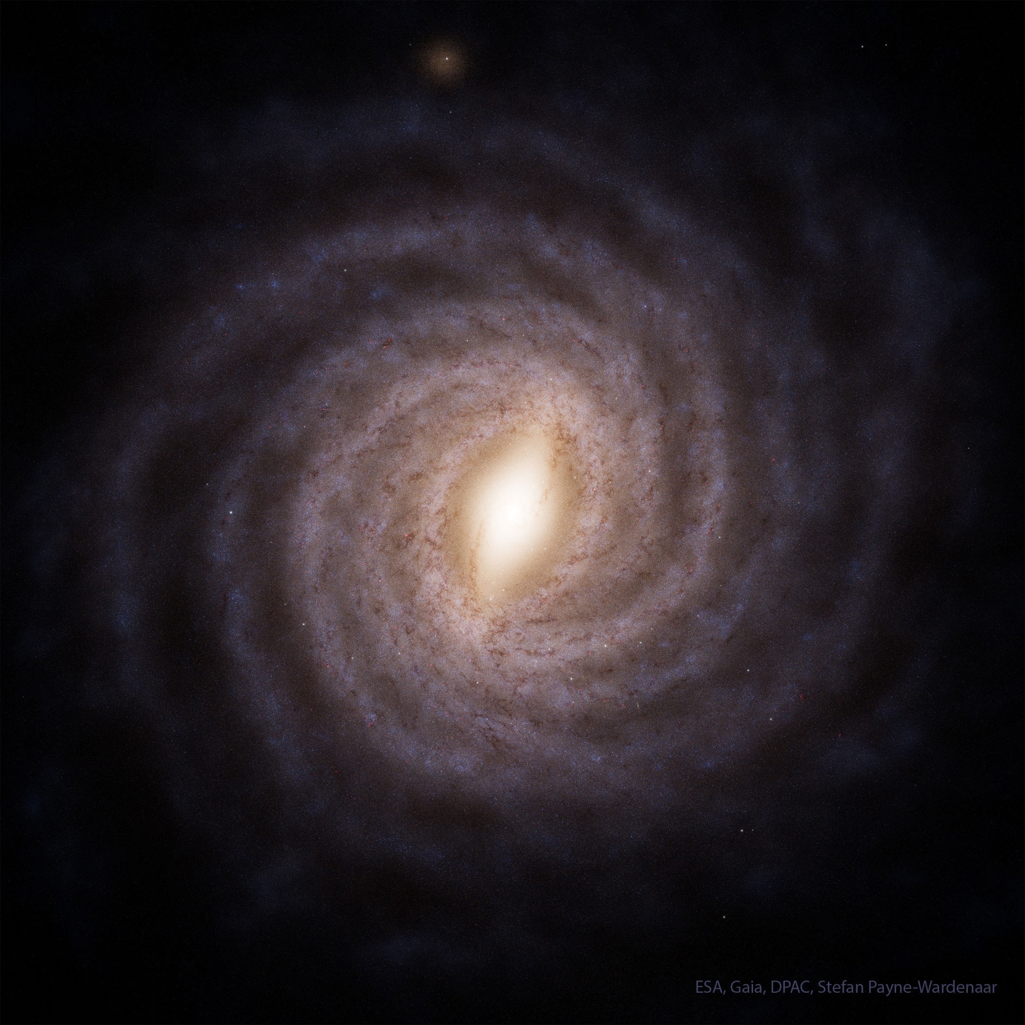 What does our Milky Way Galaxy look like from the top? Because we are on the inside, humanity can’t get an actual picture. Recently, however, just such a map has been made using location data for over a billion stars from ESA’s Gaia mission. The resulting featured illustration shows that just like many other spiral galaxies, our Milky Way has distinct spiral arms.  Our Sun and most of the bright stars we see at night are in just one arm: Orion. Gaia data bolsters previous indications that our Milky Way has more than two spiral arms. Our Galaxy's center sports a prominent bar.  The colors of our Galaxy's thin disk derive mostly from dark dust, bright blue stars, and red emission nebula. Although data analysis is ongoing, Gaia was deactivated in March after a succession mission.   Jigsaw Challenge: Astronomy Puzzle of the Day