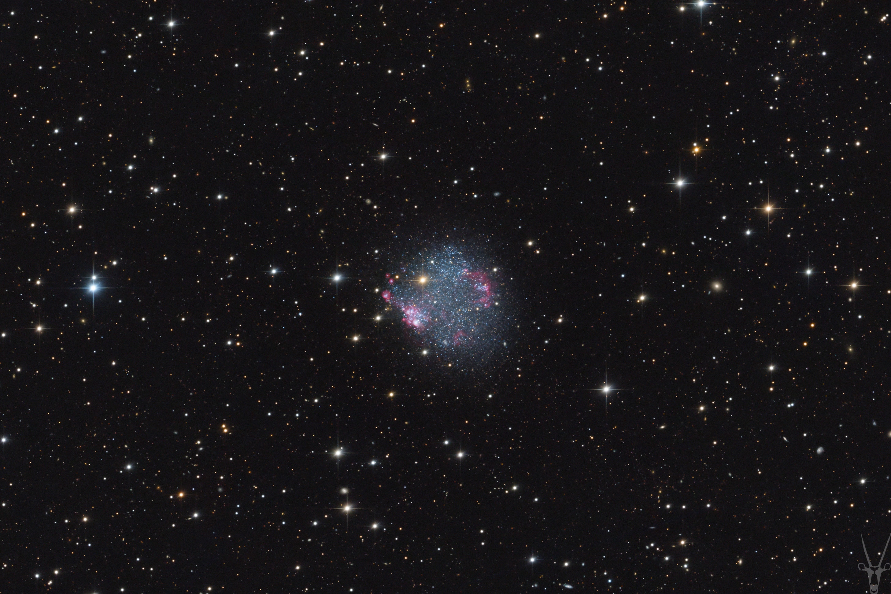 Grand spiral galaxies often seem to get all the attention, flaunting young, bright, blue star clusters and pinkish star forming regions along graceful, symmetric spiral arms. But small galaxies form stars too, like irregular dwarf galaxy Sextans A. Its young star clusters and star forming regions are gathered into a gumdrop-shaped region a mere 5,000 light-years across. Seen toward the navigational constellation Sextans, the small galaxy lies some 4.5 million light-years distant. That puts it near the outskirts of the local group of galaxies, that includes the large, massive spirals Andromeda and our own Milky Way. Brighter Milky Way foreground stars appear spiky and yellowish in this colorful telescopic view of Sextans A.