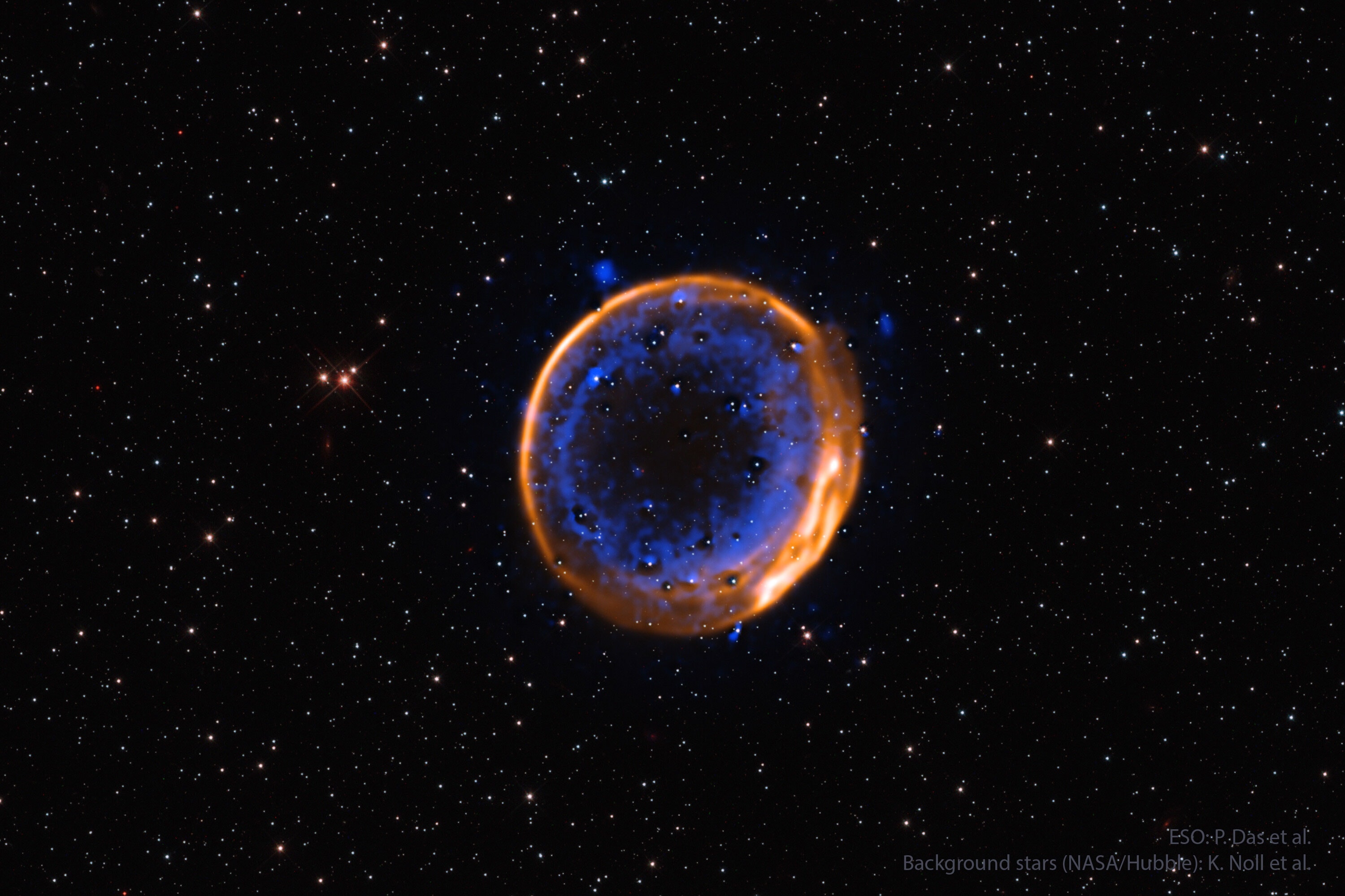 Can some supernovas explode twice? Yes, when the first explosion acts like a detonator for the second. This is a leading hypothesis for the cause of supernova remnant (SNR) 0509-67.5.  In this two-star system, gravity causes the larger and fluffier star to give up mass to a smaller and denser white dwarf companion. Eventually the white dwarf's near-surface temperature goes so high that it explodes, creating a shock wave that goes both out and in -- and so triggers a full Type Ia supernova near the center. Recent images of the SNR 0509-67.5 system, like the featured image from the Very Large Telescope in Chile, show two shells with radii and compositions consistent with the double detonation hypothesis. This system, SNR 0509-67.5 is also famous for two standing mysteries: why its bright supernova wasn't noted 400 years ago, and why no visible companion star remains.