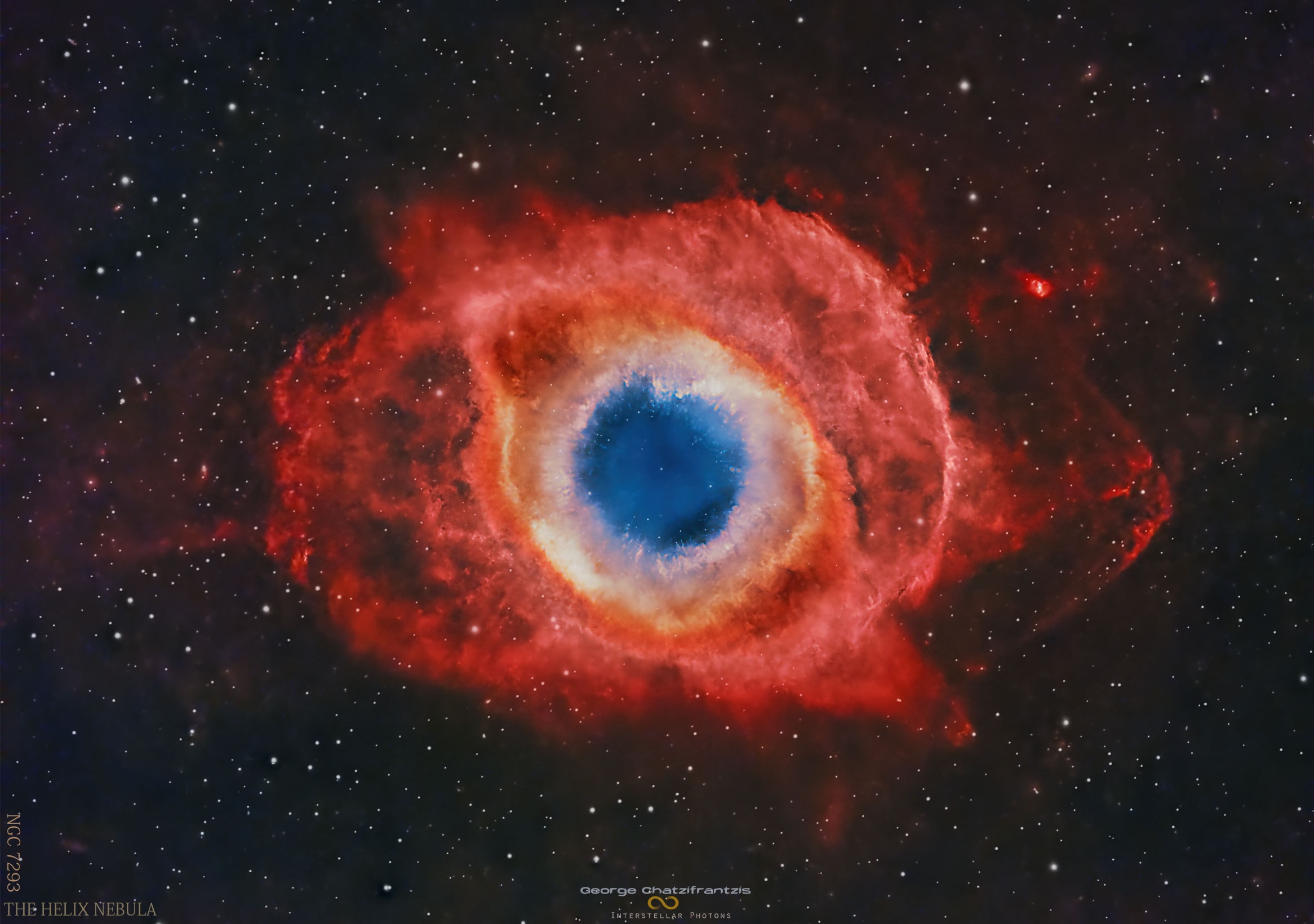 Is the Helix Nebula looking at you? No, not in any biological sense, but it does look quite like an eye. The Helix Nebula is so named because it also appears that you are looking down the axis of a helix. In actuality, it is now understood to have a surprisingly complex geometry, including radial filaments and extended outer loops.  The Helix Nebula (aka NGC 7293) is one of brightest and closest examples of a planetary nebula, a gas cloud created at the end of the life of a Sun-like star. The remnant central stellar core, destined to become a white dwarf star, glows in light so energetic it causes the previously expelled gas to fluoresce. The featured picture, taken in red, green, and blue but highlighted by light emitted primarily by hydrogen was created from 12 hours of exposure through a personal telescope located in Greece.  A close-up of the inner edge of the Helix Nebula shows complex gas knots the origin of which are  still being researched.    Portal Universe: Random APOD Generator