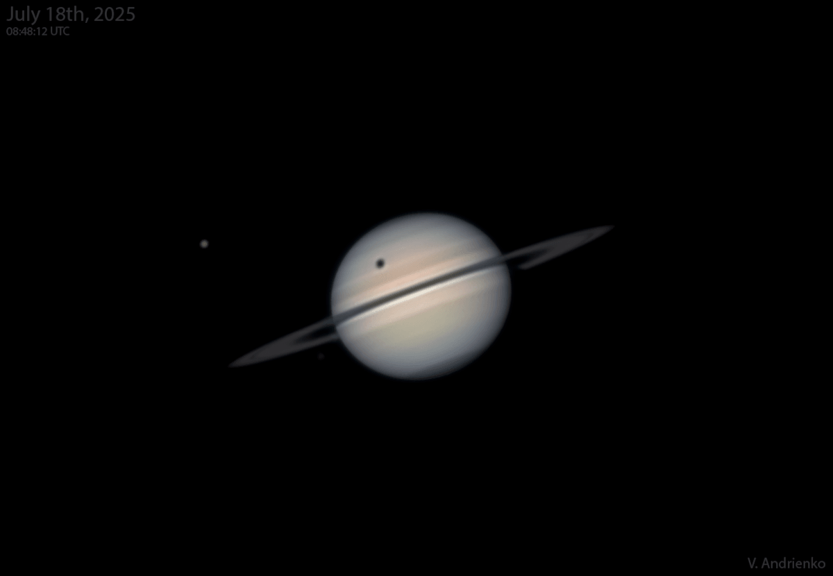very 15 years or so, Saturn's rings are tilted edge-on to our line of sight. As the bright, beautiful ring system grows narrower and fainter it becomes increasingly difficult to see for denizens of planet Earth. But it does provide the opportunity to watch transits of Saturn's moons and their dark shadows across the ringed gas giant's still bright disk. Of course Saturn's largest moon Titan is the easiest to spot in transit. In this telescopic snapshot from July 18, Titan itself is at the upper left, casting a round dark shadow on Saturn's banded cloudtops above the narrow rings. In fact Titan's transit season is in full swing now with shadow transits every 16 days corresponding to the moon's orbital period. Its final shadow transit will be on October 6, though Titan's pale disk will continue to cross in front of Saturn as seen from telescopes on planet Earth every 16 days through January 25, 2026.