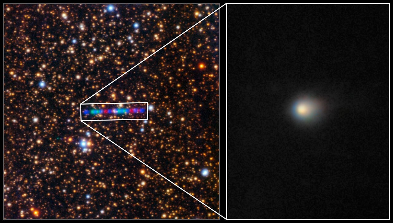 Discovered on July 1 with the NASA-funded ATLAS (Asteroid Terrestrial-impact Last Alert, System) survey telescope in Rio Hurtado, Chile, 3I/ATLAS is so designated as the third known interstellar object to pass through our Solar System It follows 1I/ʻOumuamua in 2017 and the comet 2I/Borisov in 2019.  Also known as C/2025 N1, 3I/ATLAS is clearly a comet, its diffuse cometary coma, a cloud of gas and dust surrounding an icy nucleus, is easily seen in these images from the large Gemini North telescope on Maunakea, Hawai‘i. The left panel tracks the comet as it moves across the sky against fixed background stars in successive exposures. Three different filters were used, shown in red, green, and blue. In the right panel the multiple exposures are registered and combined to form a single image of the comet. The comet's interstellar origin is also clear from its orbit, determined to be an eccentric, highly hyperbolic orbit that does not loop back around the Sun and will return 3I/ATLAS to interstellar space. Not a threat to planet Earth, the inbound interstellar interloper is now within the Jupiter's orbital distance of the Sun, while its closest approach to the Sun will bring it just within the orbital distance of Mars.