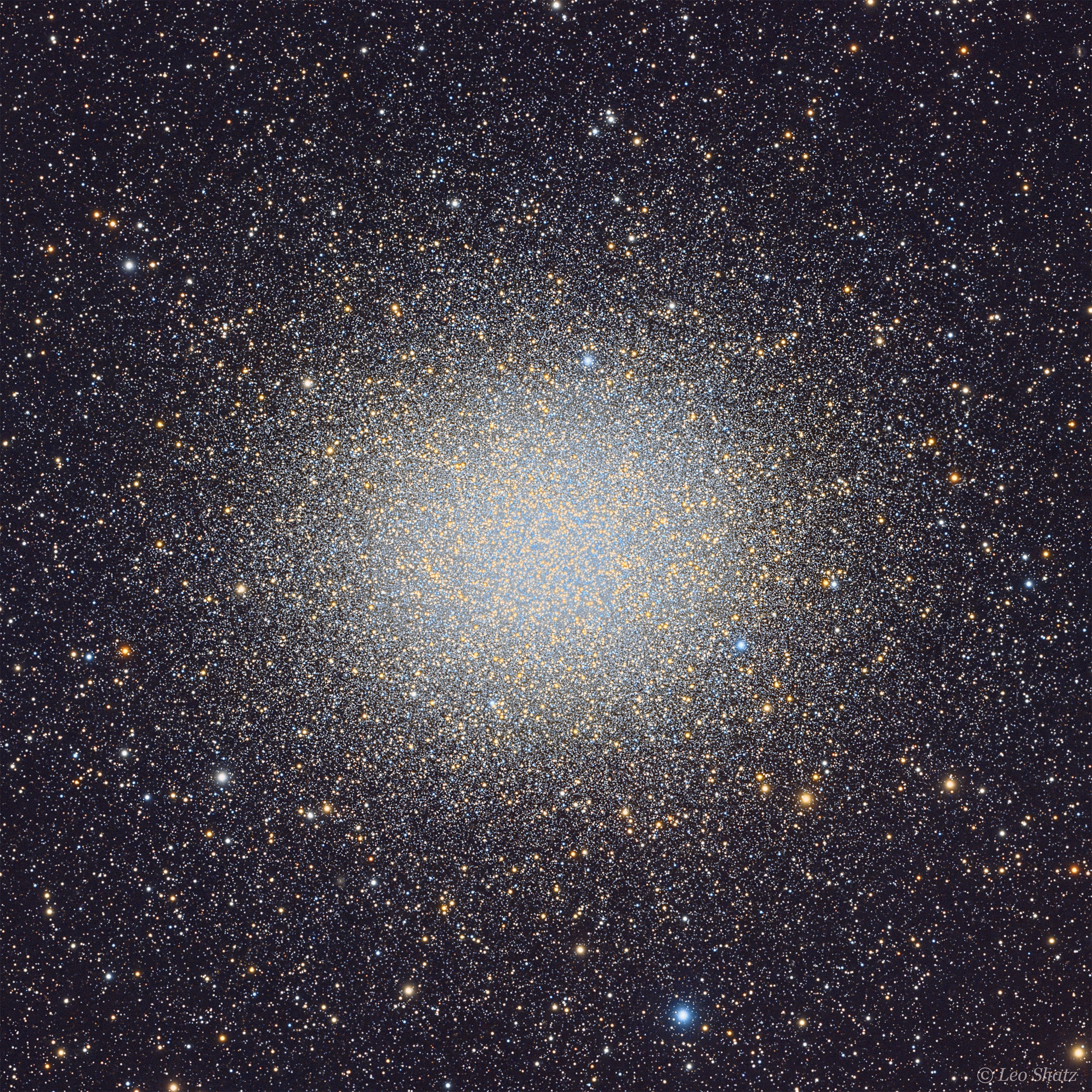Globular star cluster Omega Centauri packs about 10 million stars much older than the Sun into a volume some 150 light-years in diameter. Also known as NGC 5139, at a distance of 15,000 light-years it's the largest and brightest of 200 or so known globular clusters that roam the halo of our Milky Way galaxy. Though most star clusters consist of stars with the same age and composition, the enigmatic Omega Cen exhibits the presence of different stellar populations with a spread of ages and chemical abundances. In fact, Omega Cen may be the remnant core of a small galaxy merging with the Milky Way. With a yellowish hue, Omega Centauri's red giant stars are easy to pick out in this sharp telescopic view.  A two-decade-long exploration of the dense star cluster with the Hubble Space Telescope has revealed evidence for a massive black hole near the center of Omega Centauri.